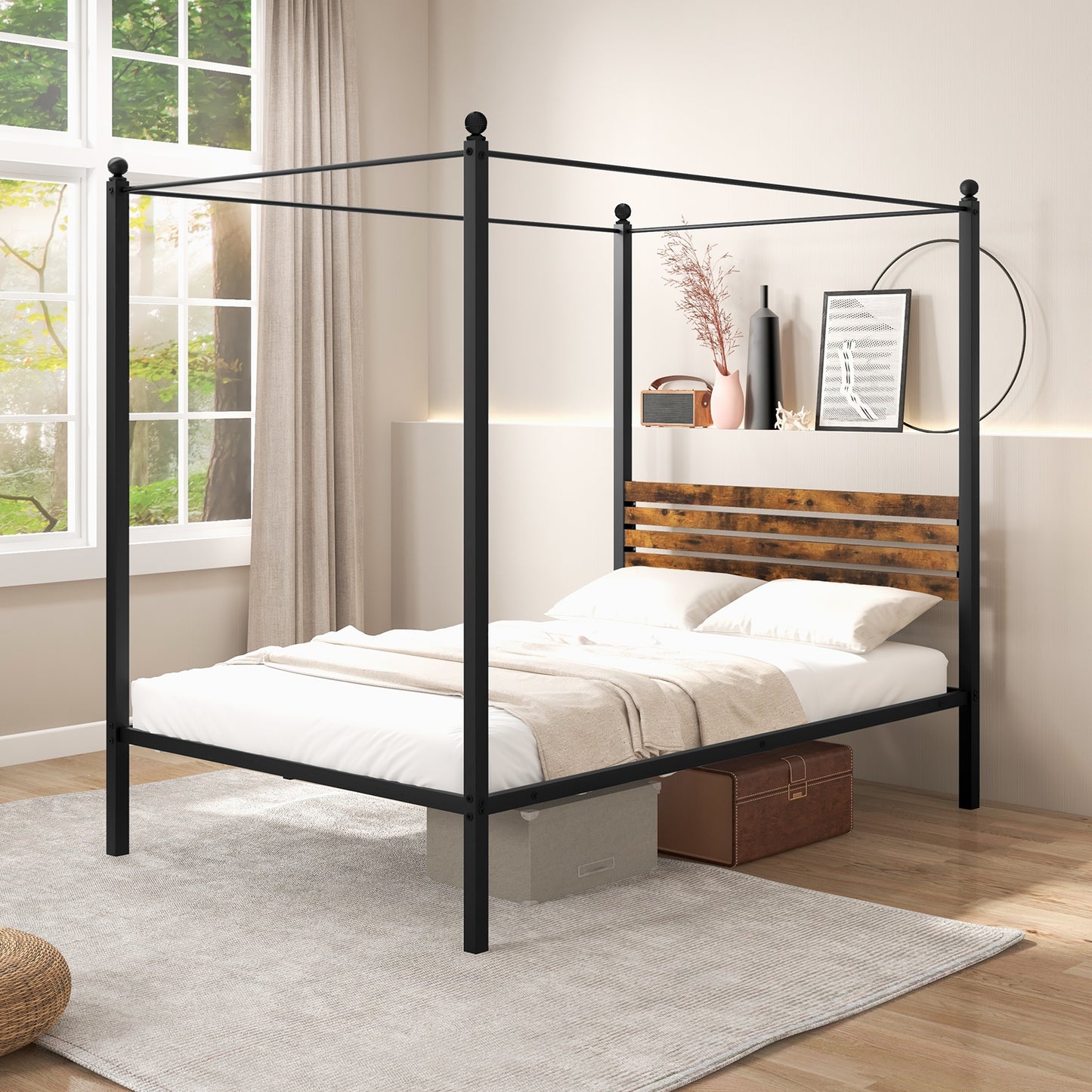 Rustic Canopy Bed Frame with Slatted Headboard and Under Bed Storage – Full Size
