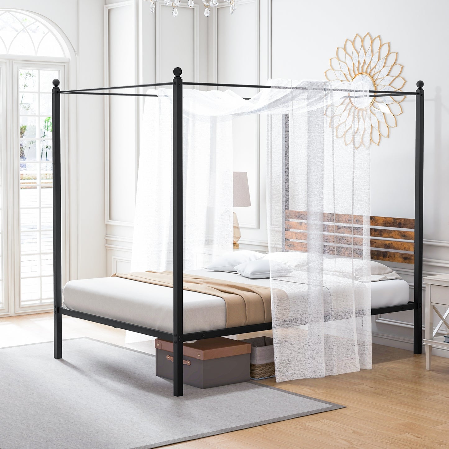 Rustic Canopy Bed Frame with Slatted Headboard and Under Bed Storage – Full Size