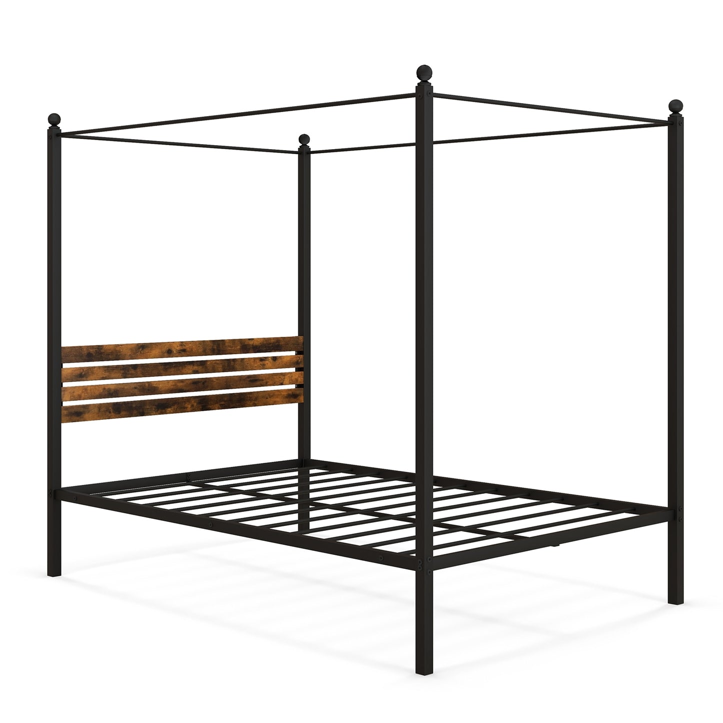 Rustic Canopy Bed Frame with Slatted Headboard and Under Bed Storage – Full Size