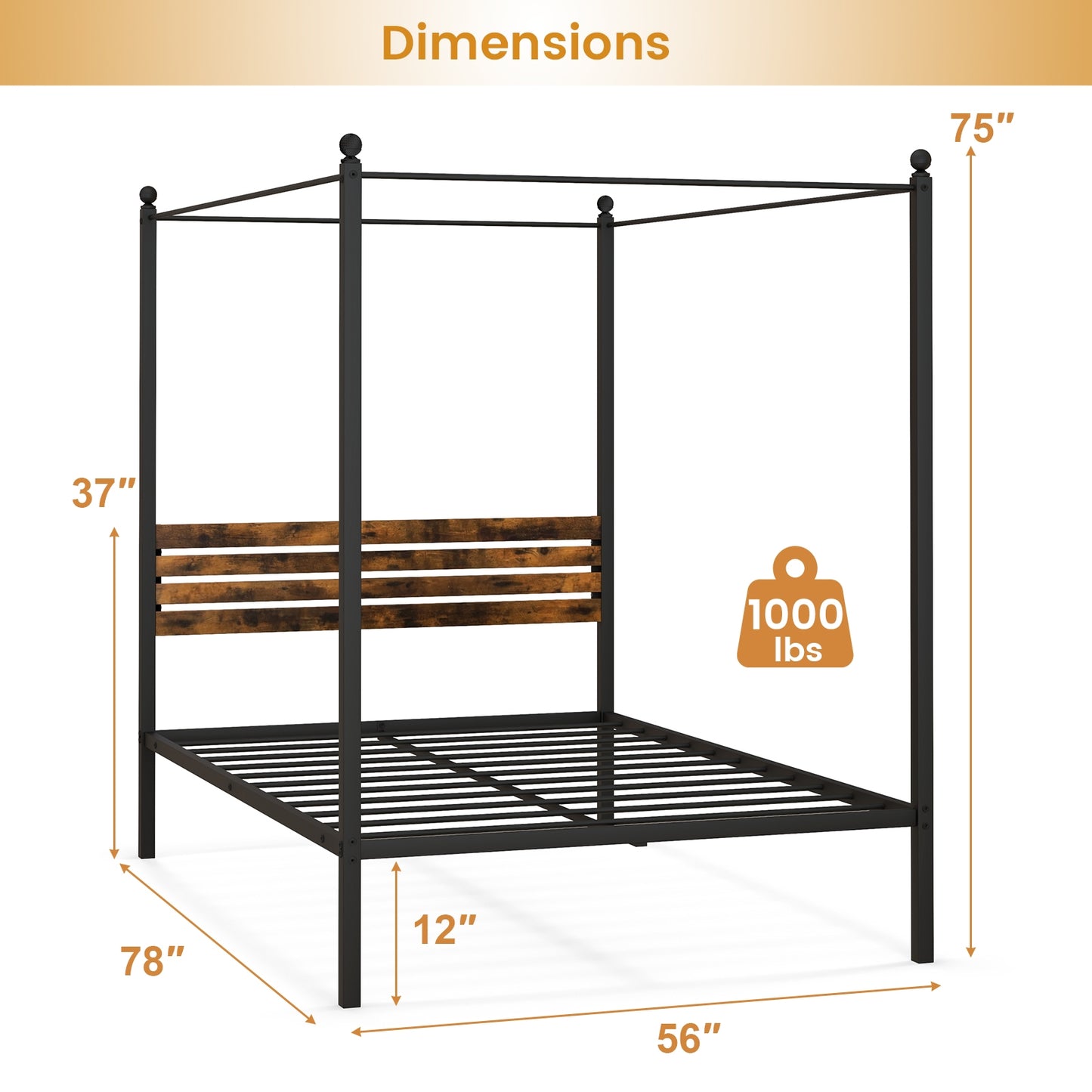 Rustic Canopy Bed Frame with Slatted Headboard and Under Bed Storage – Full Size