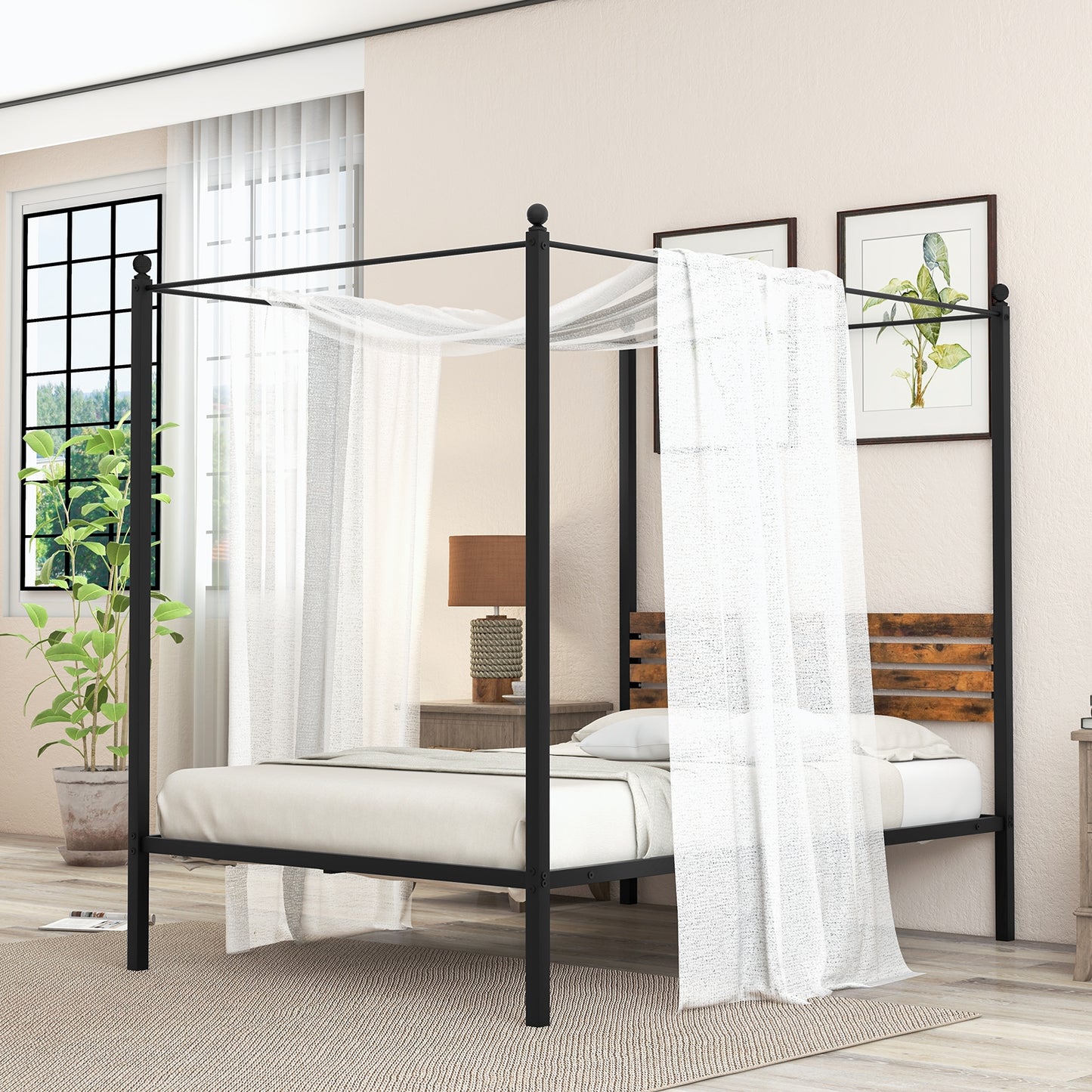 Rustic Canopy Bed Frame with Slatted Headboard and Under Bed Storage – Full Size