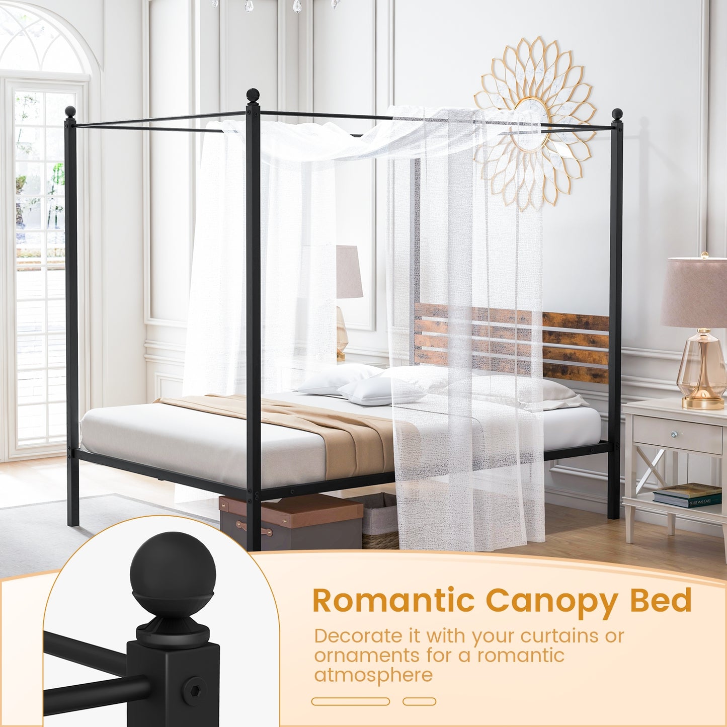 Rustic Canopy Bed Frame with Slatted Headboard and Under Bed Storage – Full Size