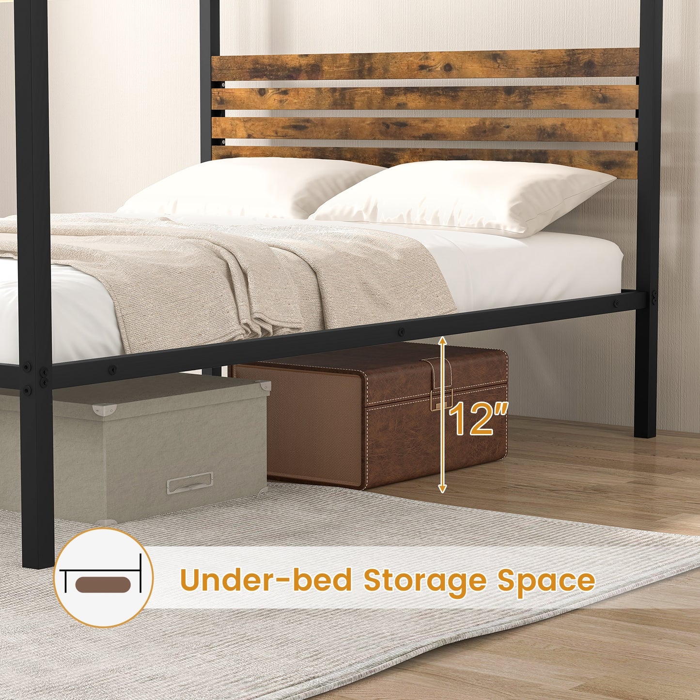 Rustic Canopy Bed Frame with Slatted Headboard and Under Bed Storage – Full Size