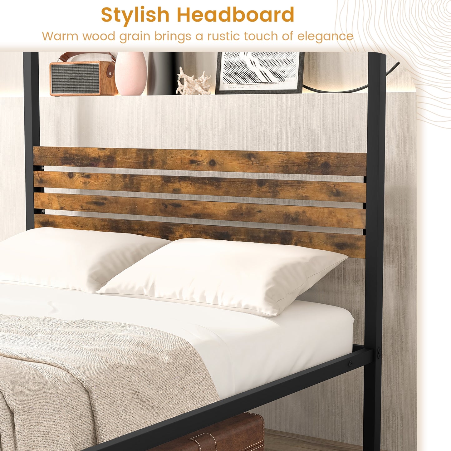 Rustic Canopy Bed Frame with Slatted Headboard and Under Bed Storage – Full Size