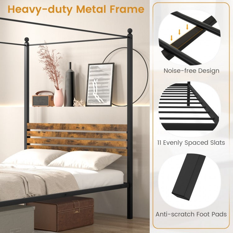 Rustic Canopy Bed Frame with Slatted Headboard and Under Bed Storage – Full Size
