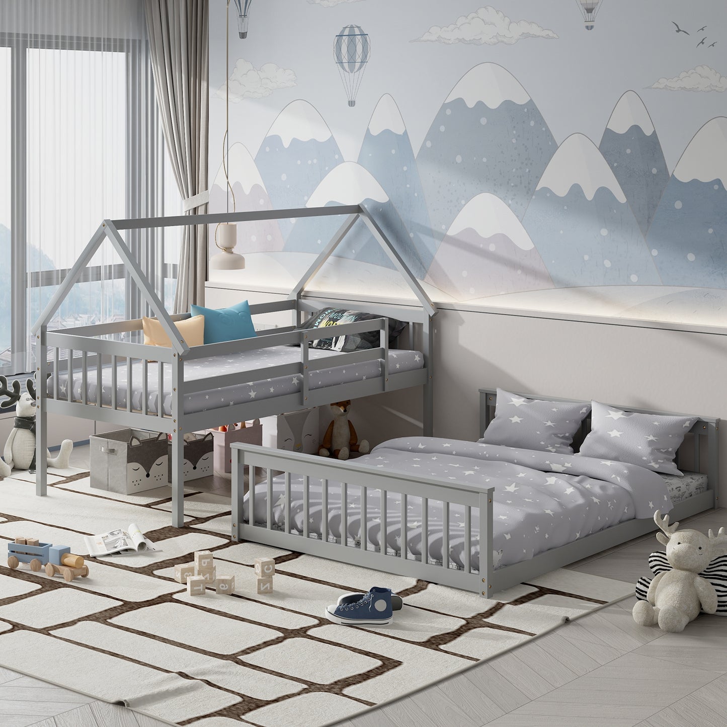 Adorable Twin Over Full House-Shaped Bunk Bed with Ladder and Safety Guardrails - Grey