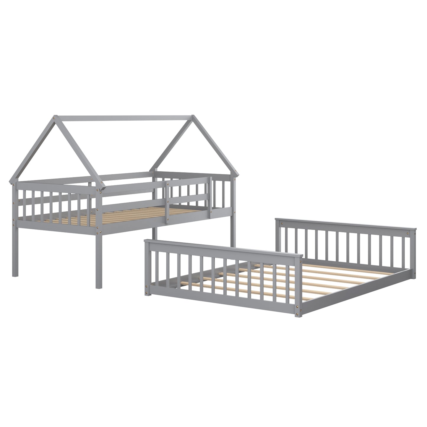 Adorable Twin Over Full House-Shaped Bunk Bed with Ladder and Safety Guardrails - Grey