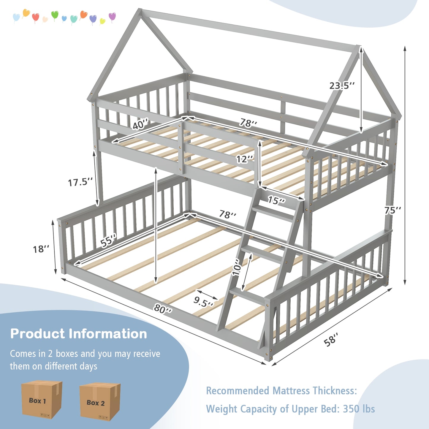 Adorable Twin Over Full House-Shaped Bunk Bed with Ladder and Safety Guardrails - Grey