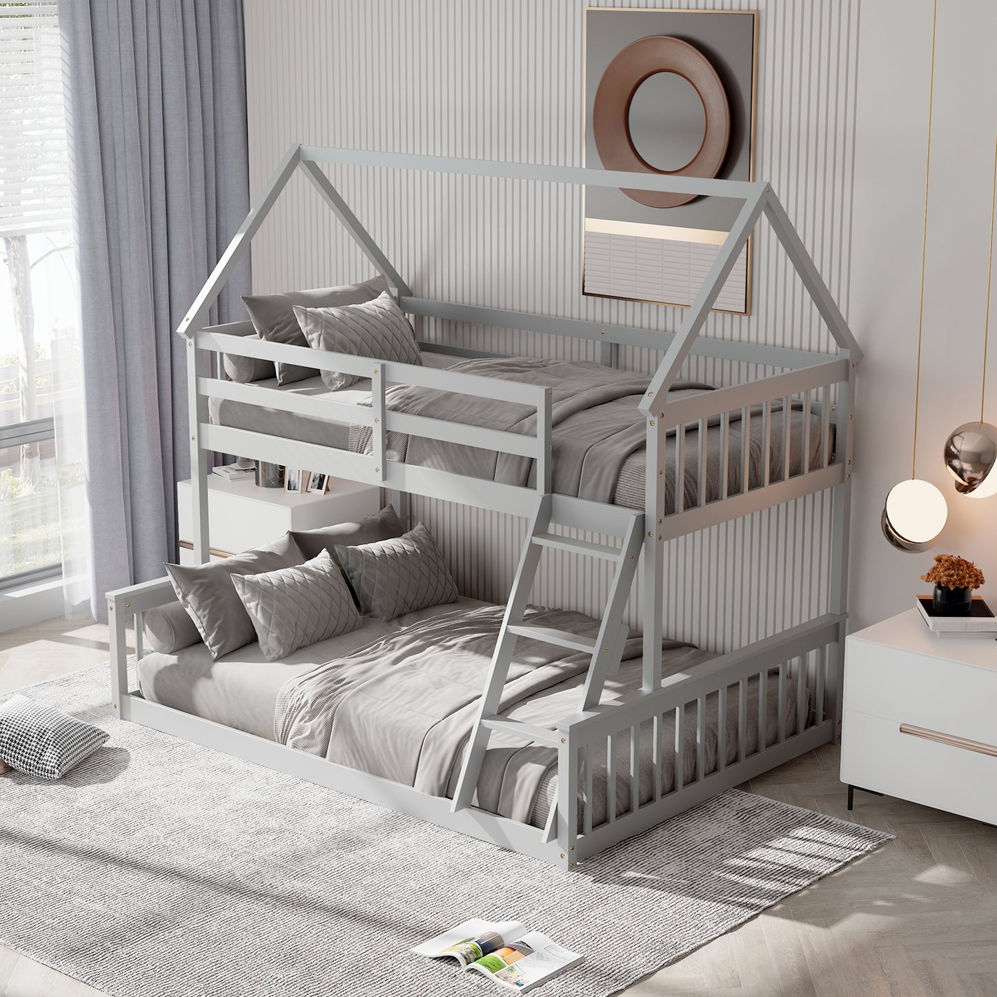 Adorable Twin Over Full House-Shaped Bunk Bed with Ladder and Safety Guardrails - Grey