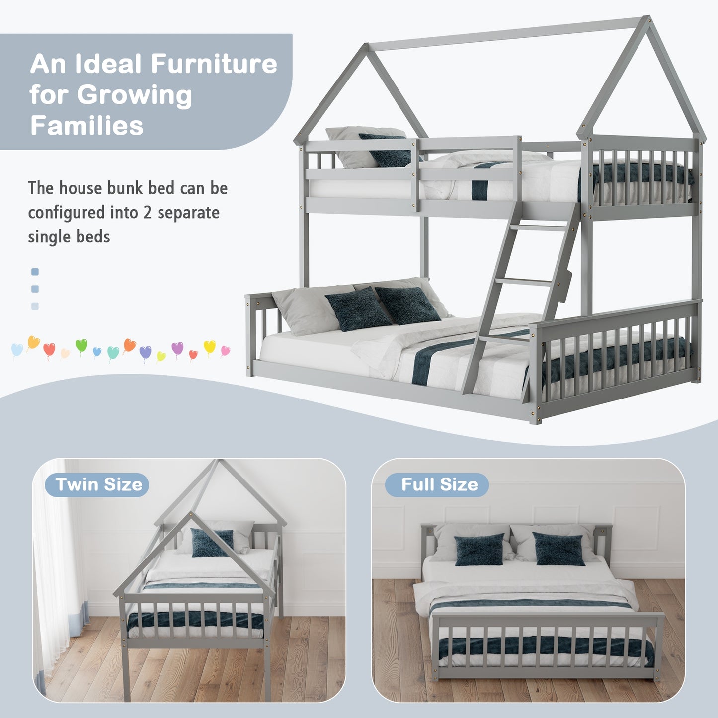 Adorable Twin Over Full House-Shaped Bunk Bed with Ladder and Safety Guardrails - Grey