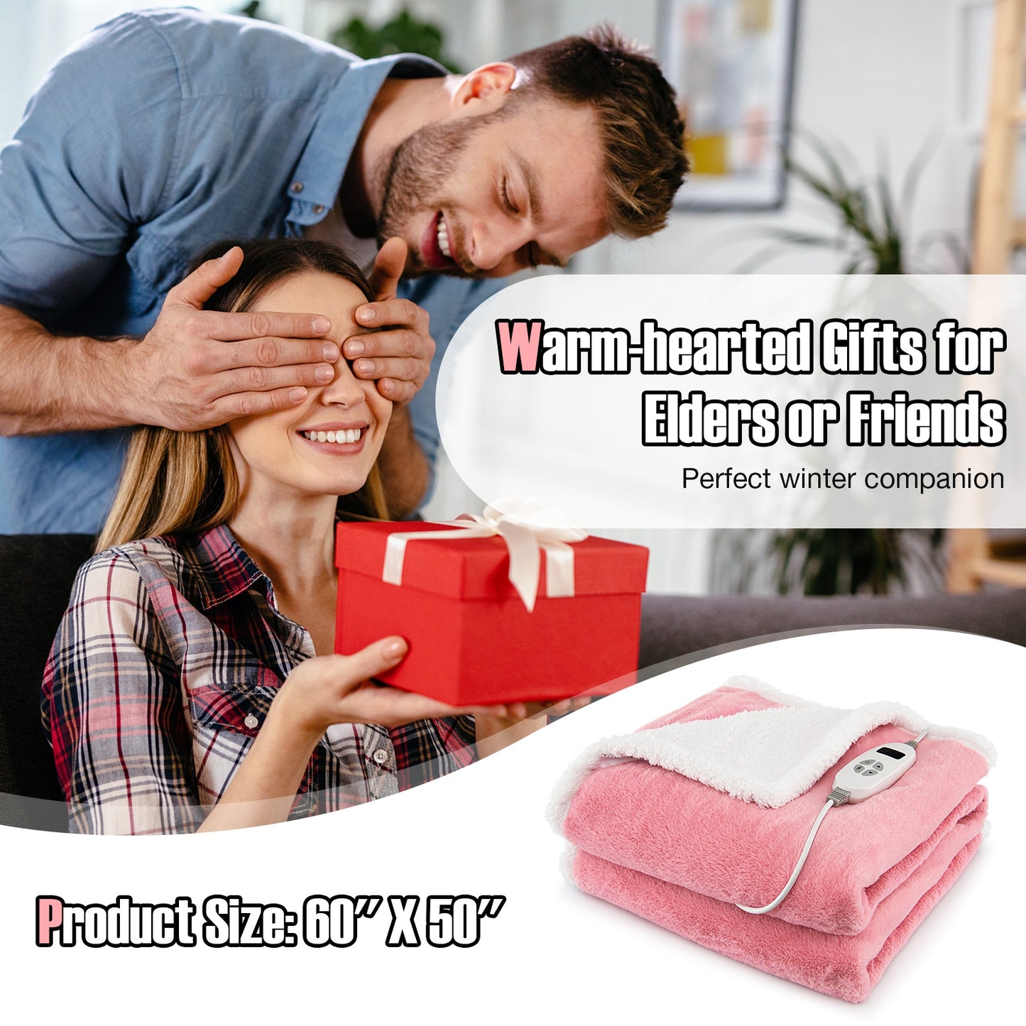 Reversible Electric Heated Blanket Throw with 10 Heat Settings & Auto Shut-Off - Pink