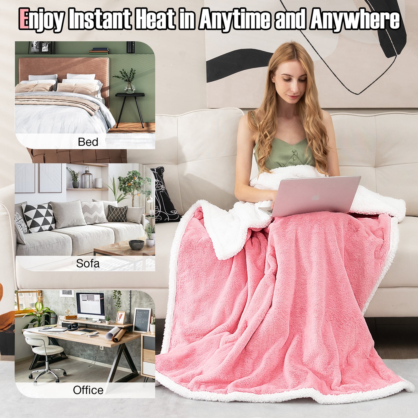 Reversible Electric Heated Blanket Throw with 10 Heat Settings & Auto Shut-Off - Pink
