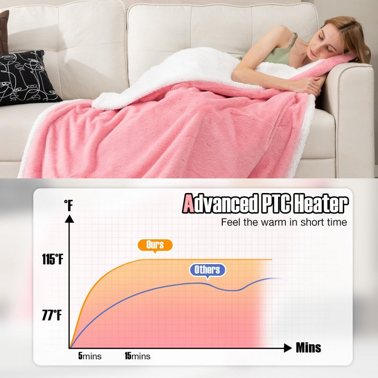 Reversible Electric Heated Blanket Throw with 10 Heat Settings & Auto Shut-Off - Pink