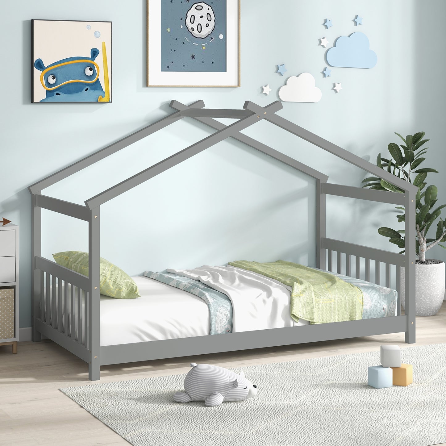 Twin Size Wooden House Bed with Roof and Playful Design for Kids – Grey