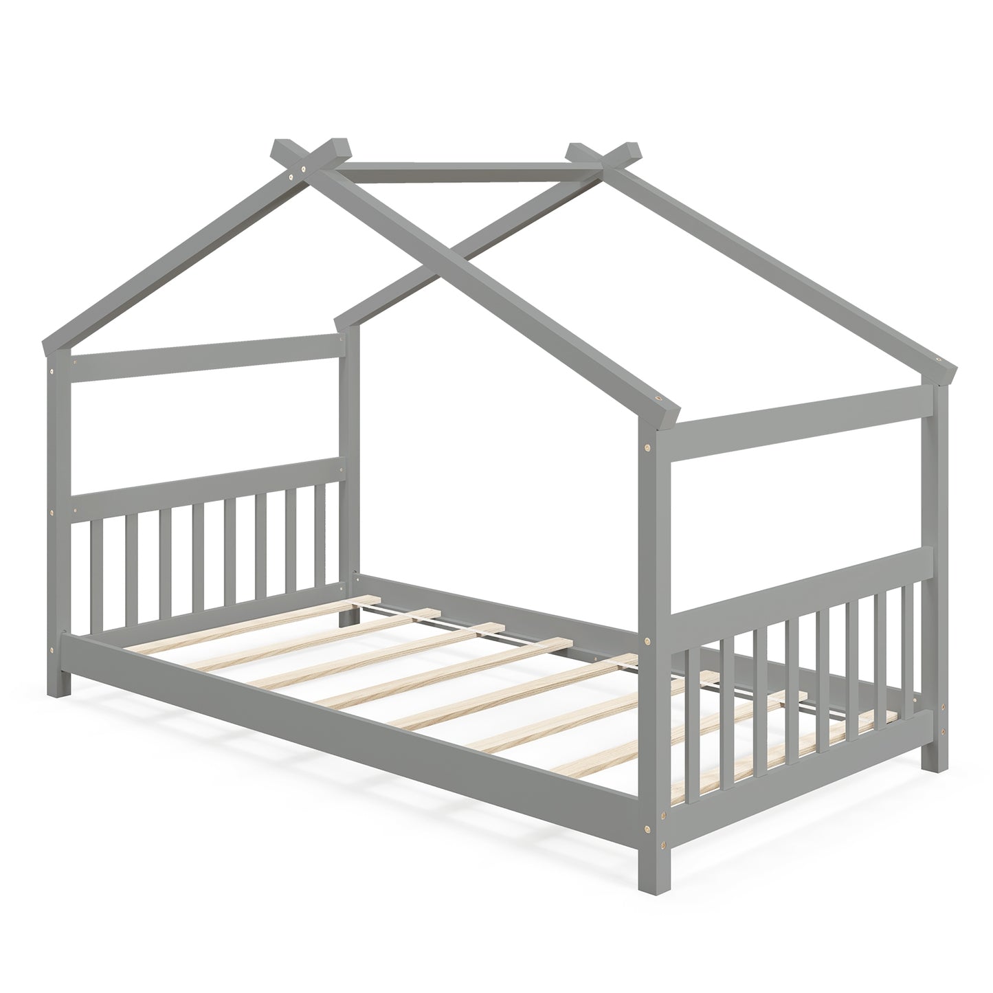 Twin Size Wooden House Bed with Roof and Playful Design for Kids – Grey