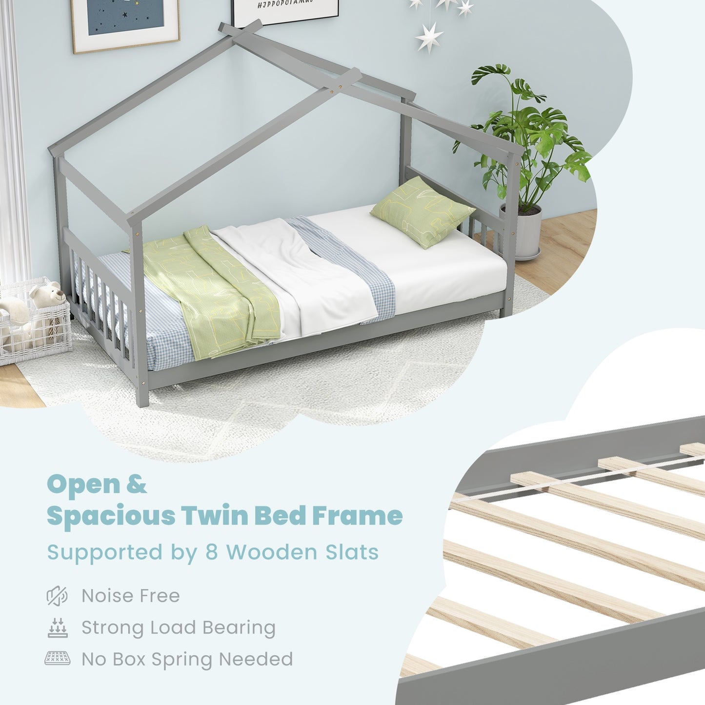 Twin Size Wooden House Bed with Roof and Playful Design for Kids – Grey