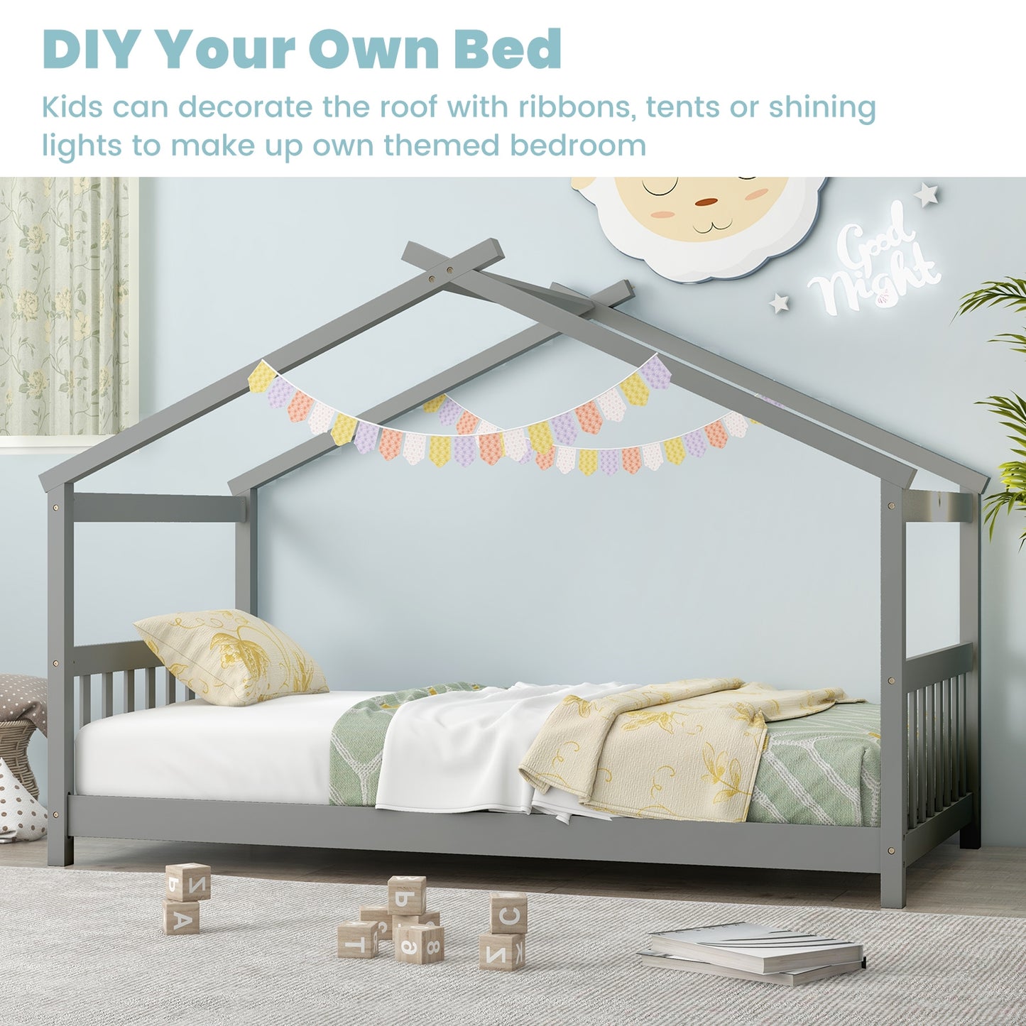 Twin Size Wooden House Bed with Roof and Playful Design for Kids – Grey