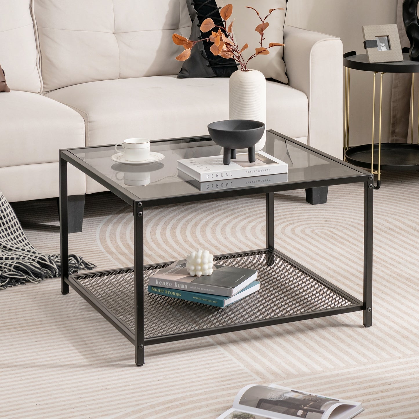 Contemporary 2-Tier Glass Coffee Table with Mesh Shelf - Grey