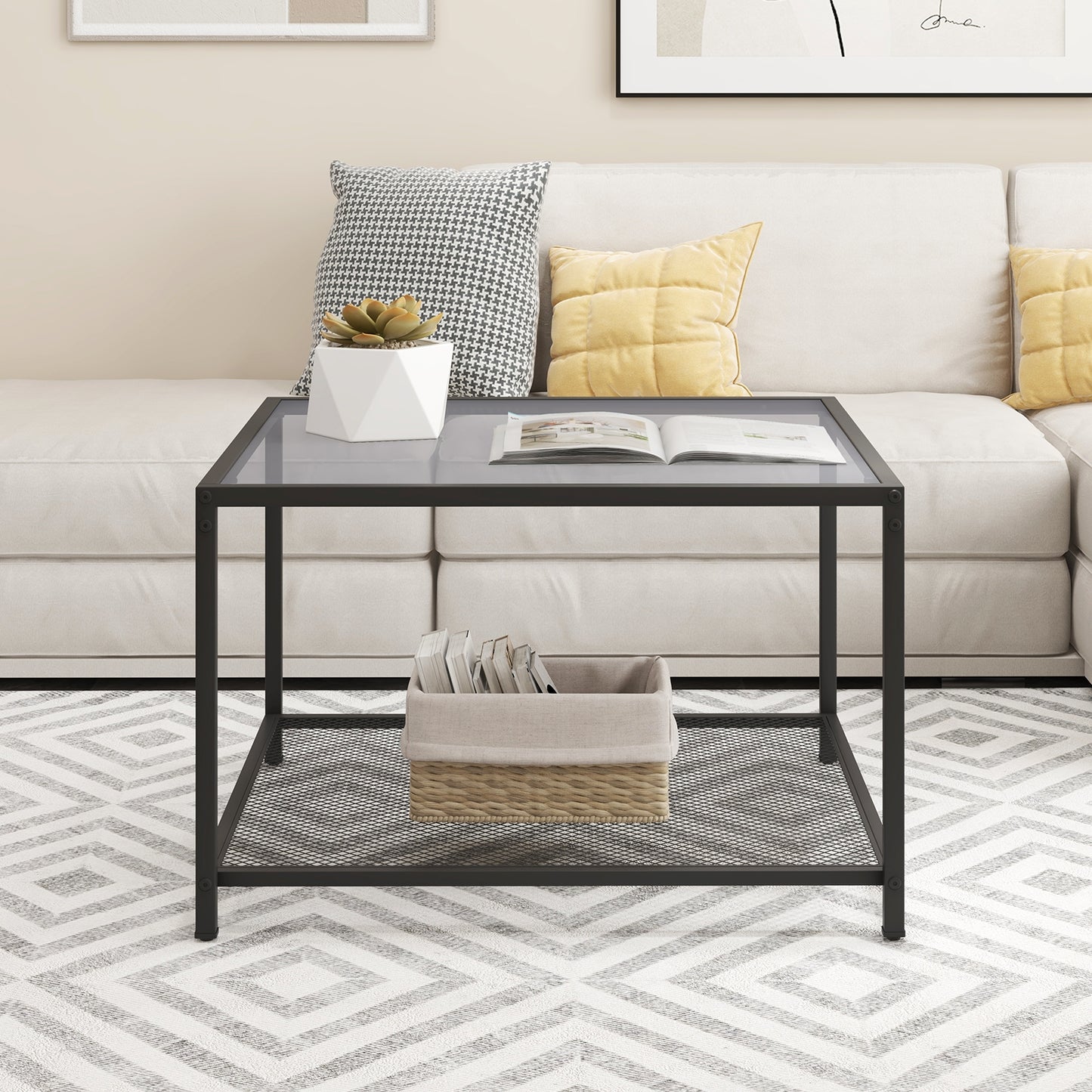 Contemporary 2-Tier Glass Coffee Table with Mesh Shelf - Grey