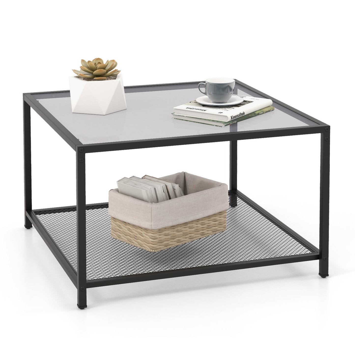 Contemporary 2-Tier Glass Coffee Table with Mesh Shelf - Grey