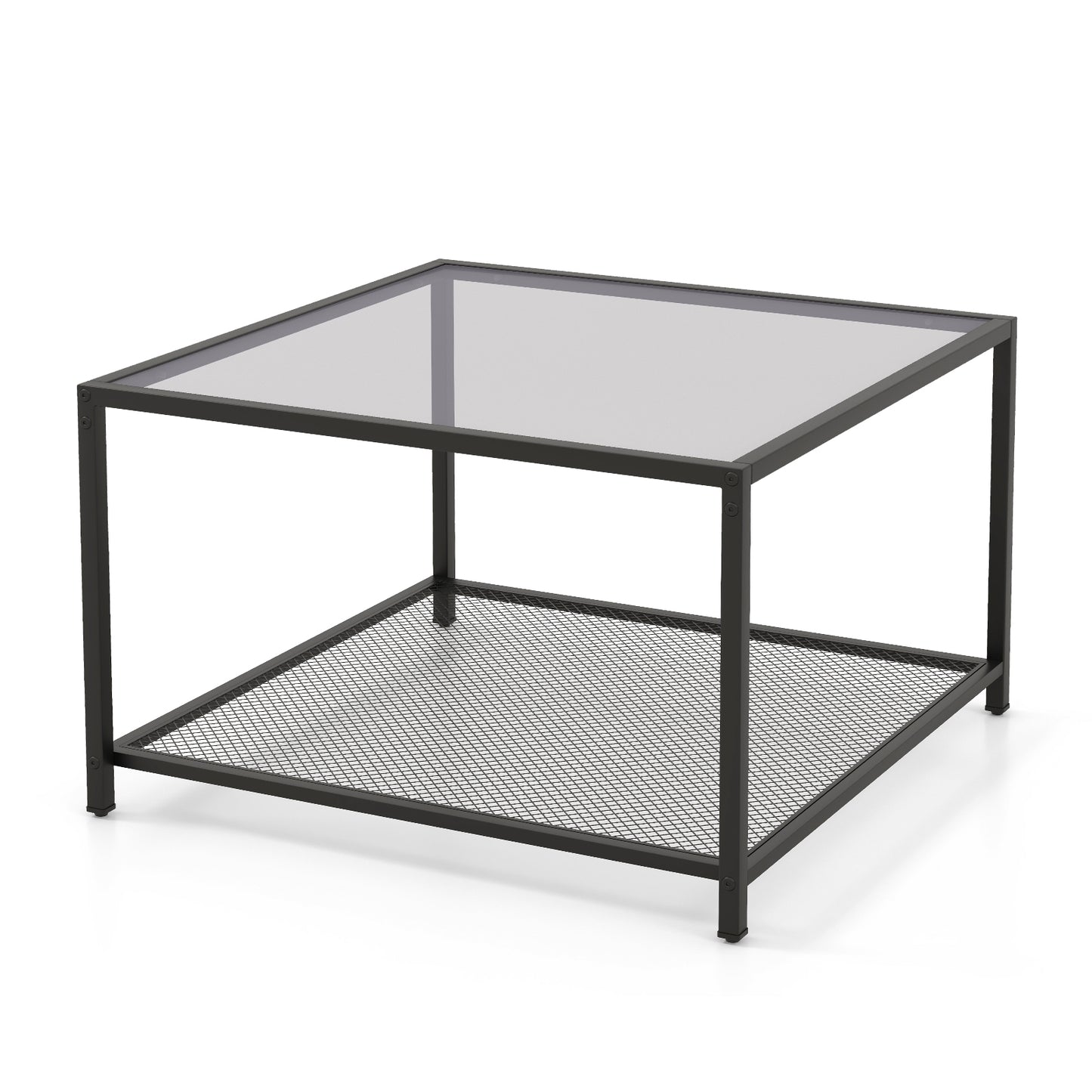 Contemporary 2-Tier Glass Coffee Table with Mesh Shelf - Grey