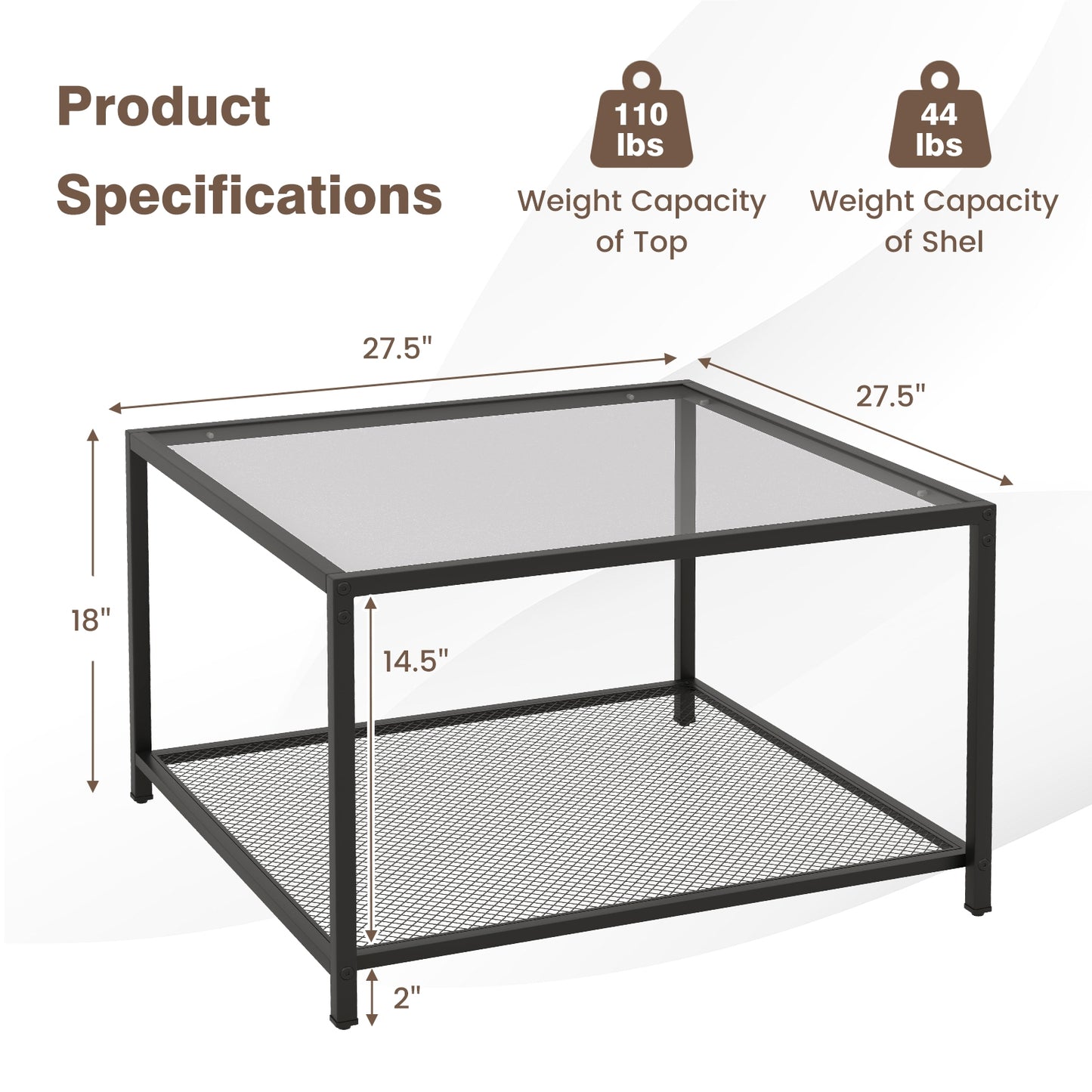 Contemporary 2-Tier Glass Coffee Table with Mesh Shelf - Grey