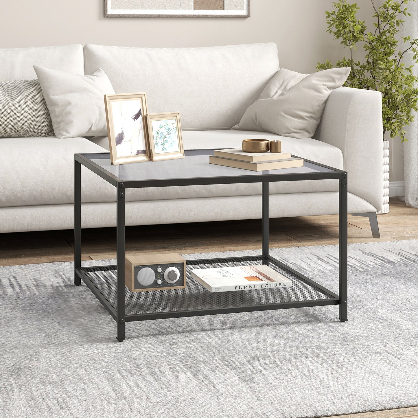 Contemporary 2-Tier Glass Coffee Table with Mesh Shelf - Grey