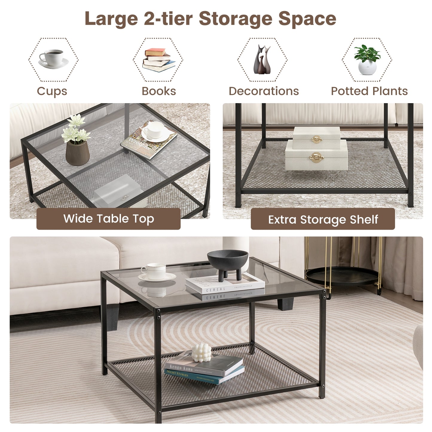 Contemporary 2-Tier Glass Coffee Table with Mesh Shelf - Grey