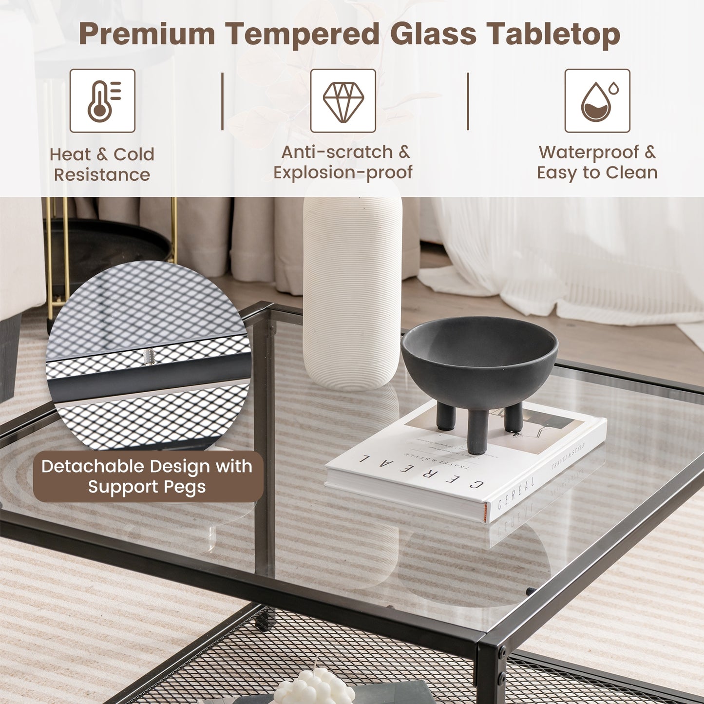 Contemporary 2-Tier Glass Coffee Table with Mesh Shelf - Grey