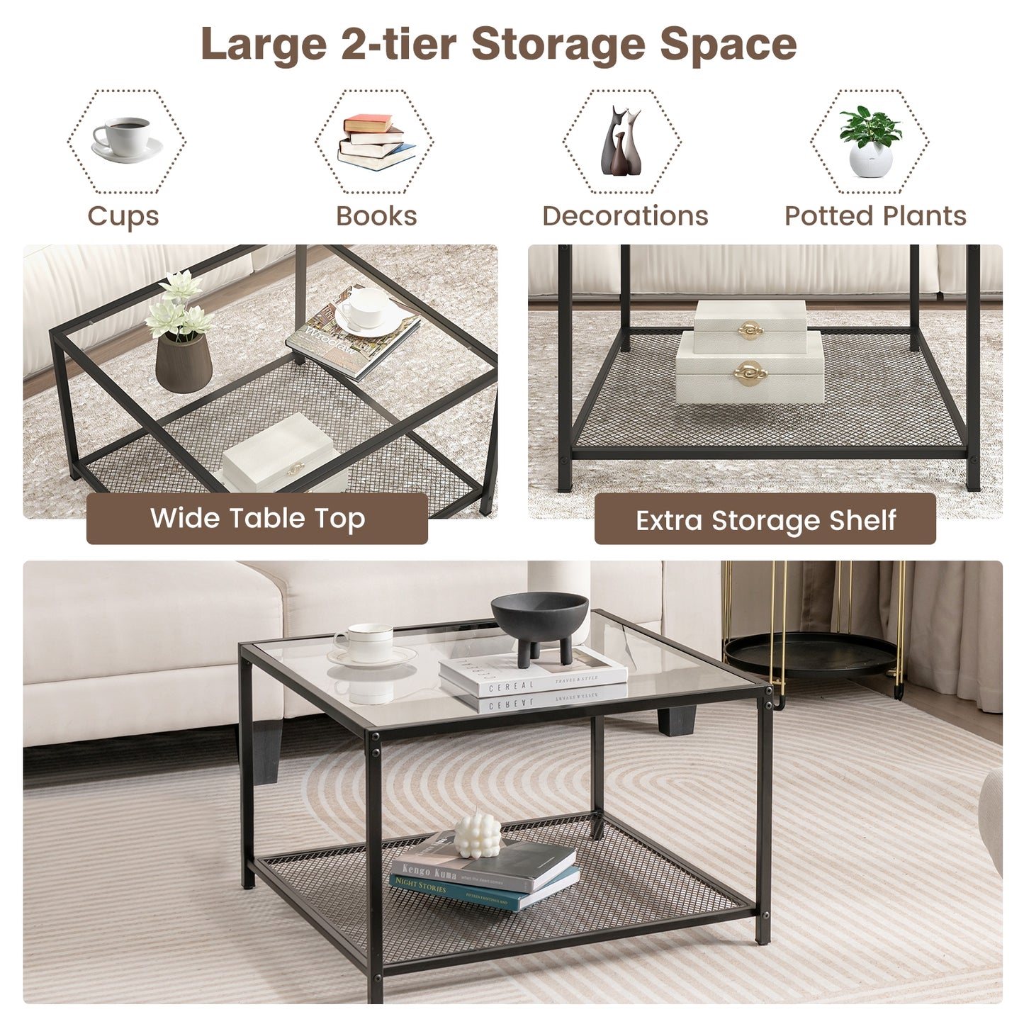 Contemporary 2-Tier Glass Coffee Table with Mesh Shelf - Transparent