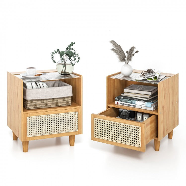 Bamboo and Rattan Nightstand with Drawer and Tempered Glass Top in Natural Finish
