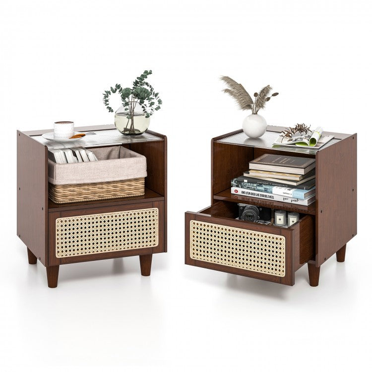Bamboo and Rattan Nightstand with Drawer and Tempered Glass Top in Brown Finish