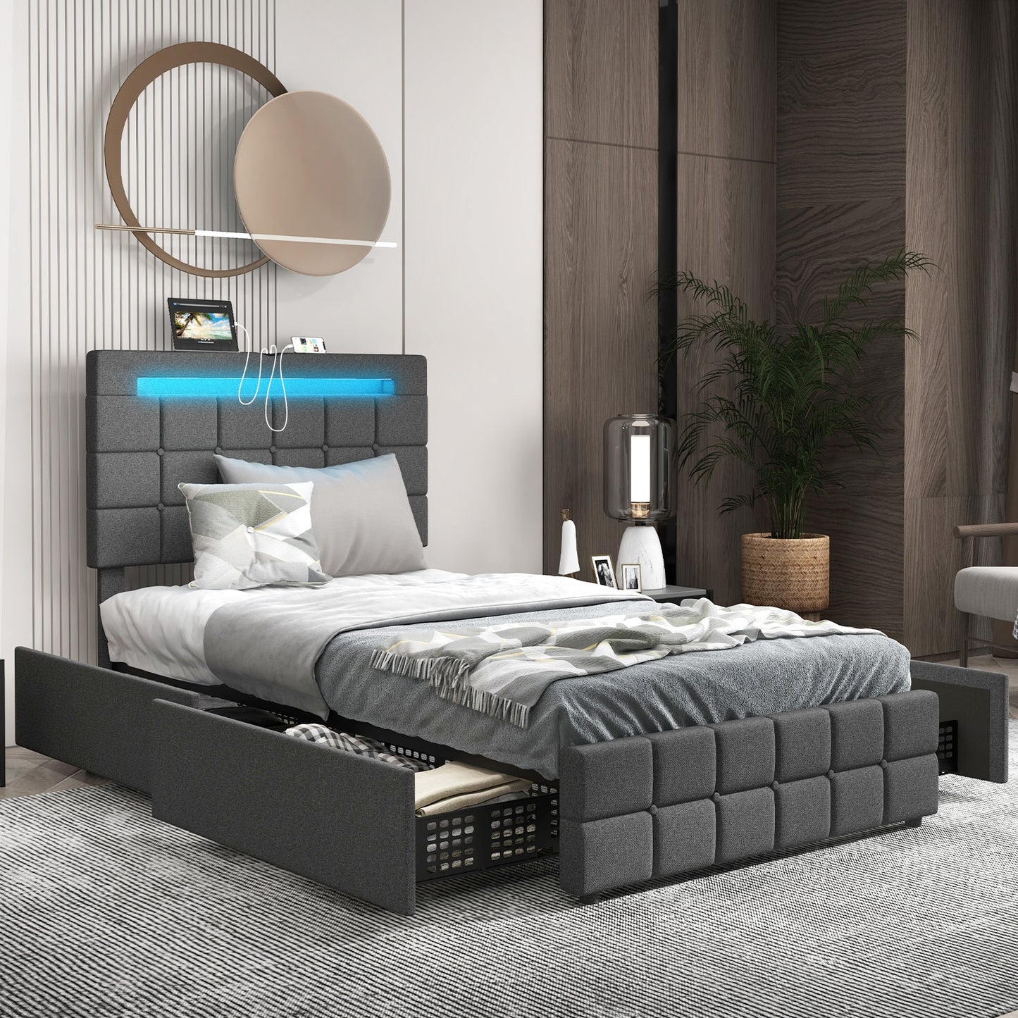 Modern Luxury Upholstered LED Bed Frame with Adjustable Headboard and 4 Storage Drawers - Twin Size