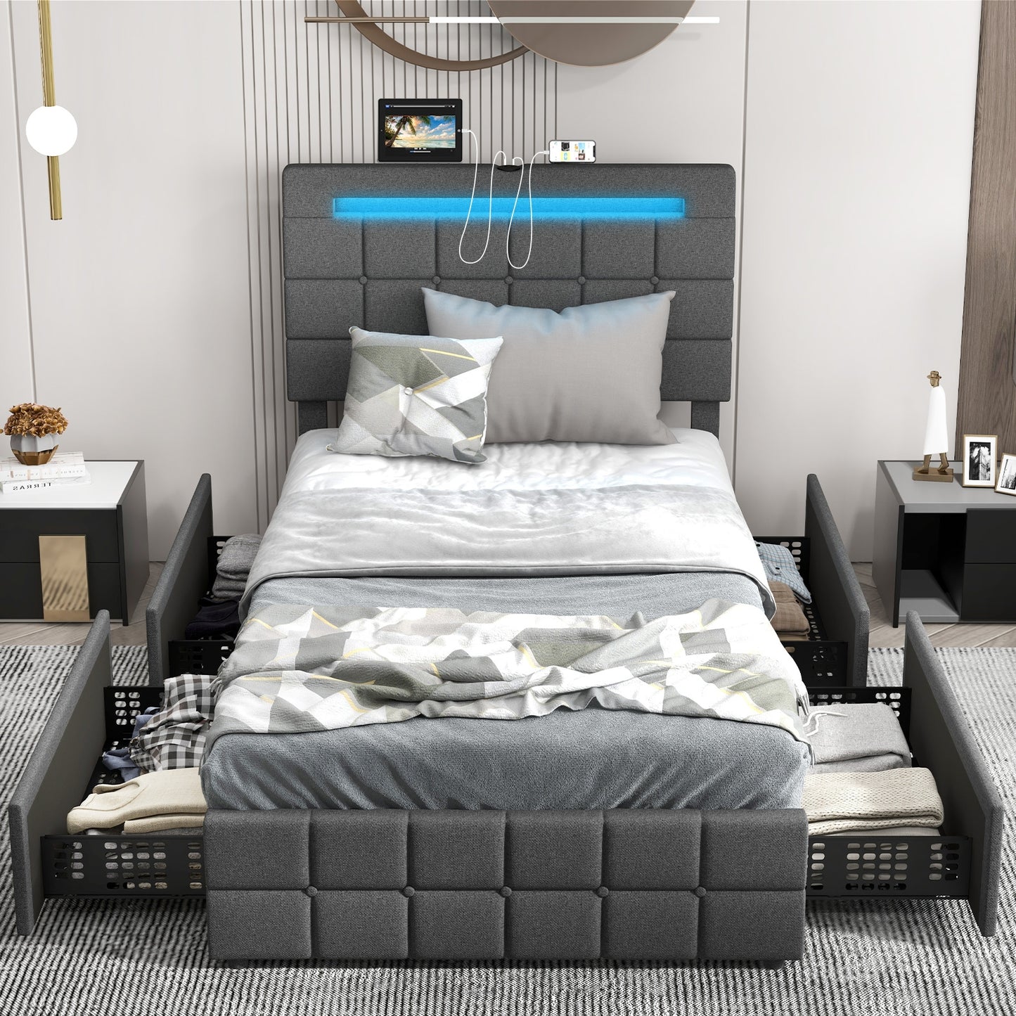 Modern Luxury Upholstered LED Bed Frame with Adjustable Headboard and 4 Storage Drawers - Twin Size