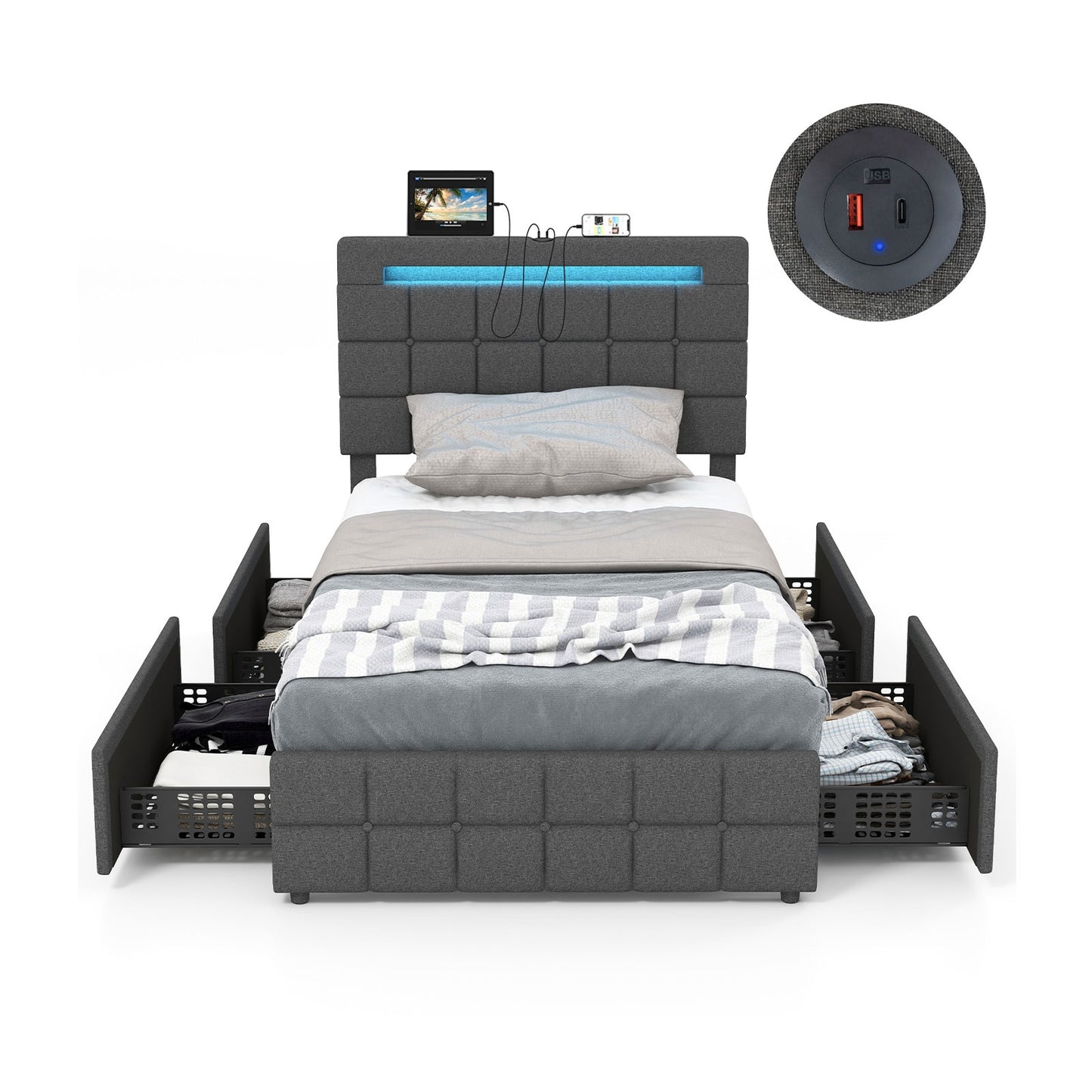 Modern Luxury Upholstered LED Bed Frame with Adjustable Headboard and 4 Storage Drawers - Twin Size