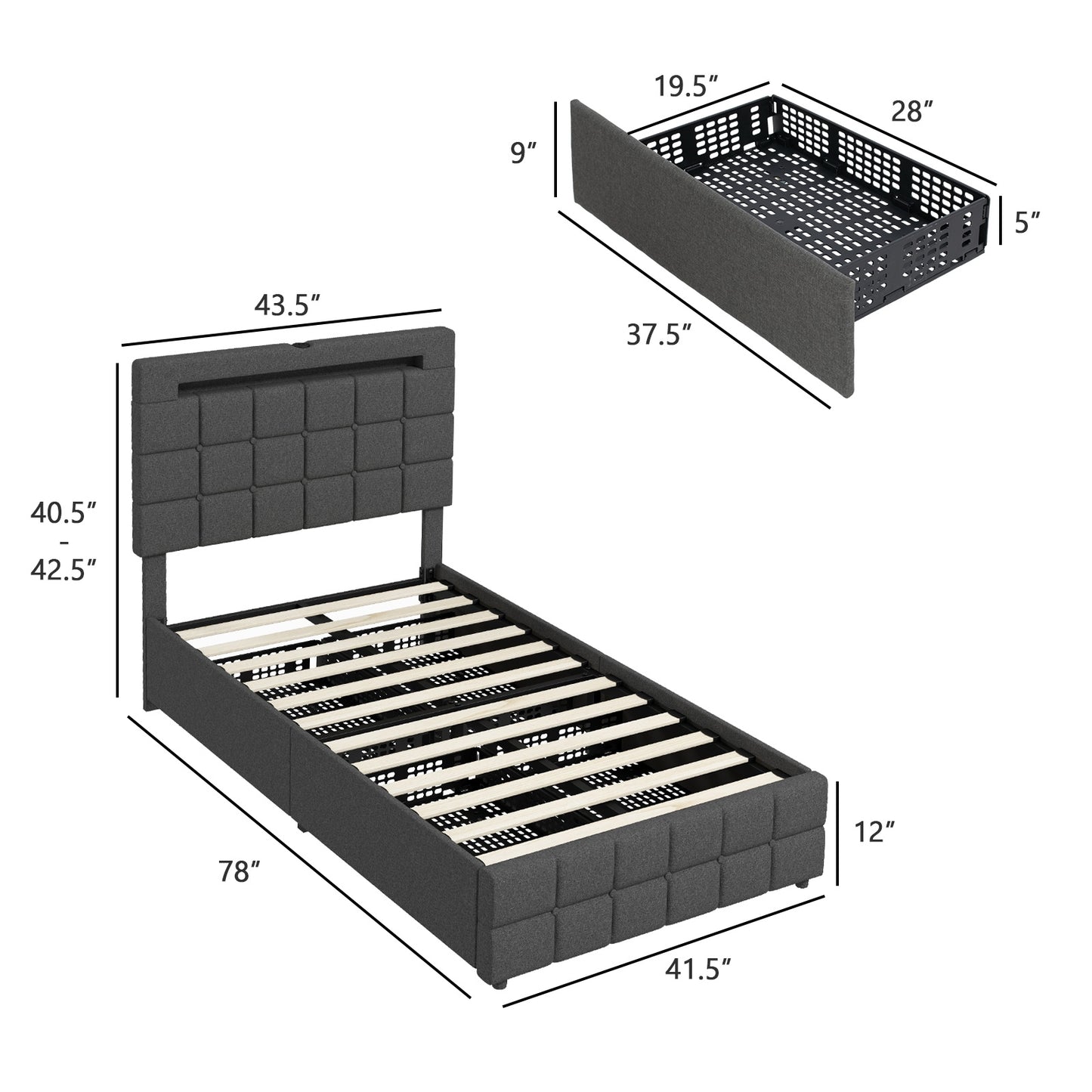 Modern Luxury Upholstered LED Bed Frame with Adjustable Headboard and 4 Storage Drawers - Twin Size