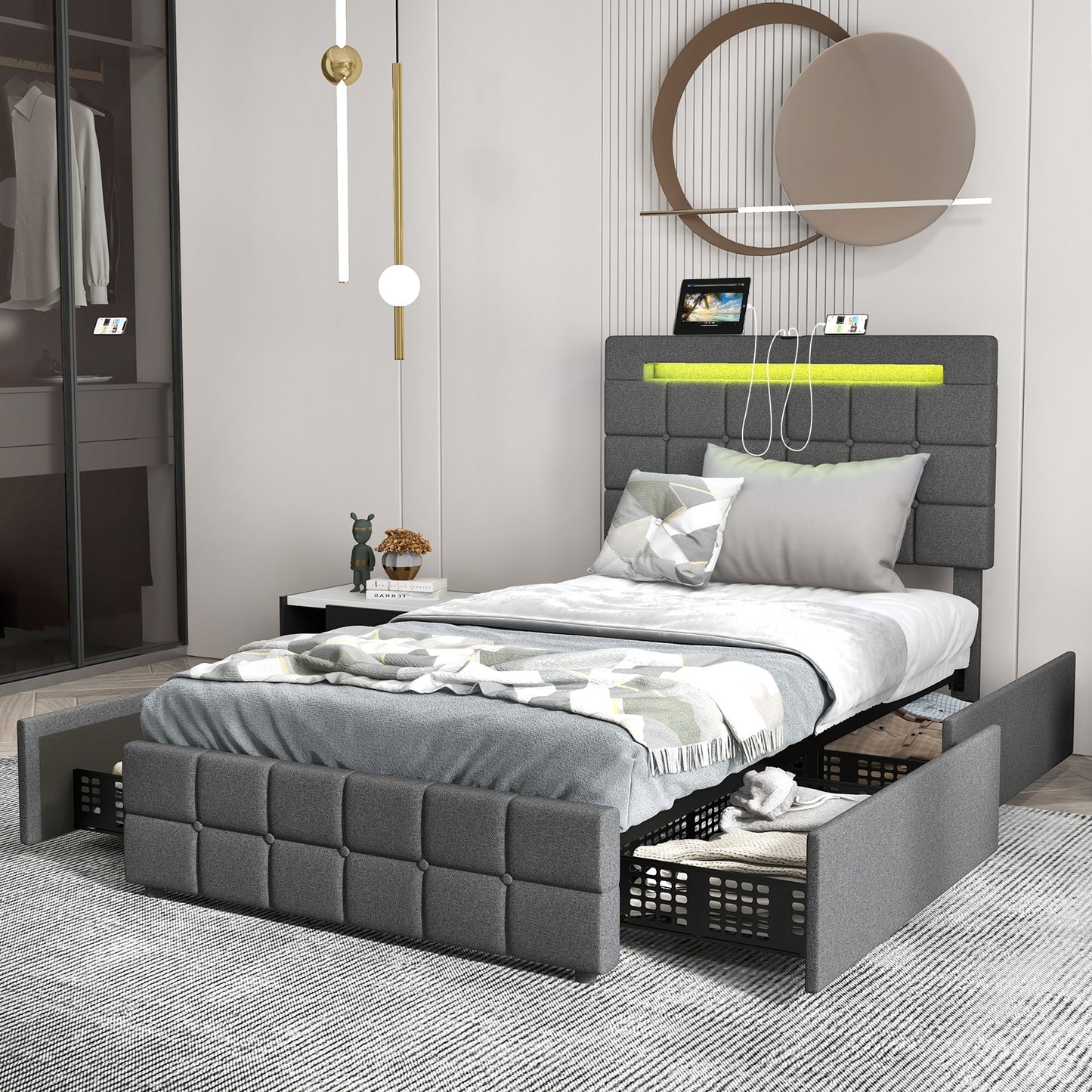 Modern Luxury Upholstered LED Bed Frame with Adjustable Headboard and 4 Storage Drawers - Twin Size