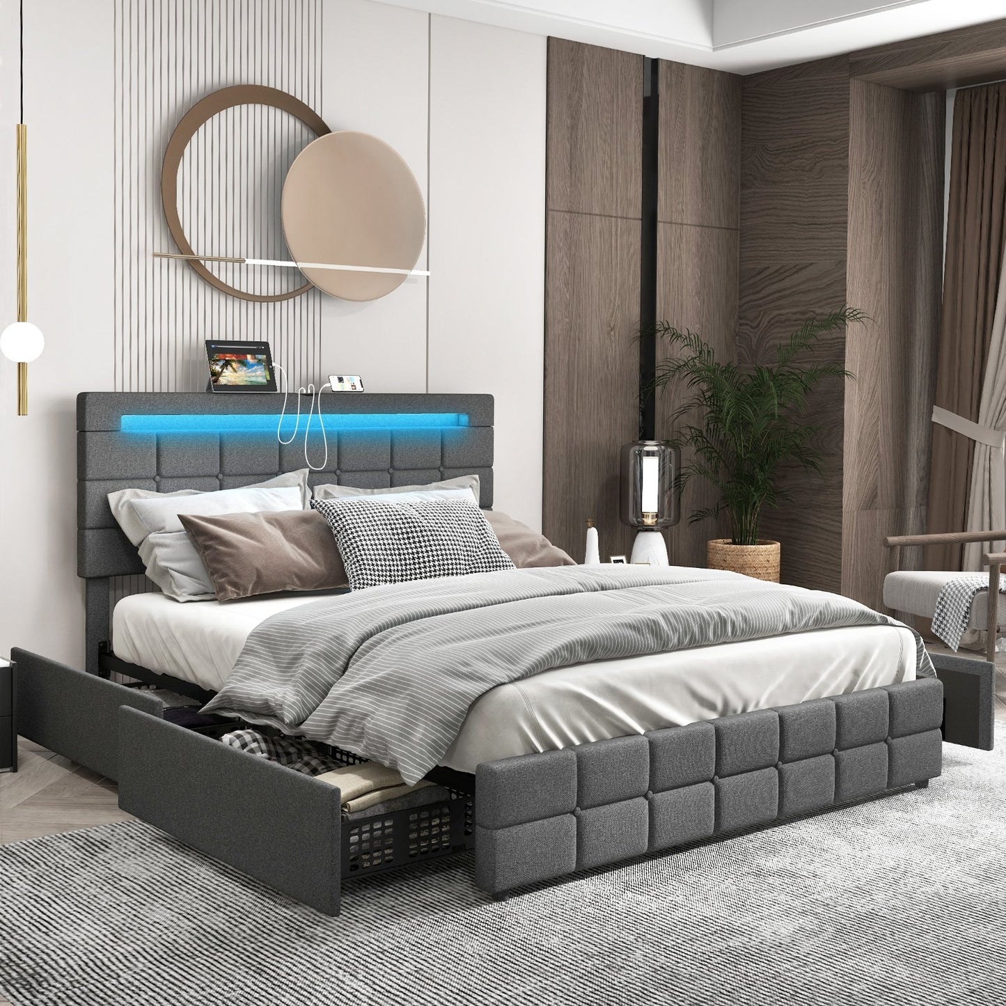 Modern Luxury Upholstered LED Bed Frame with Adjustable Headboard and 4 Storage Drawers - Full Size