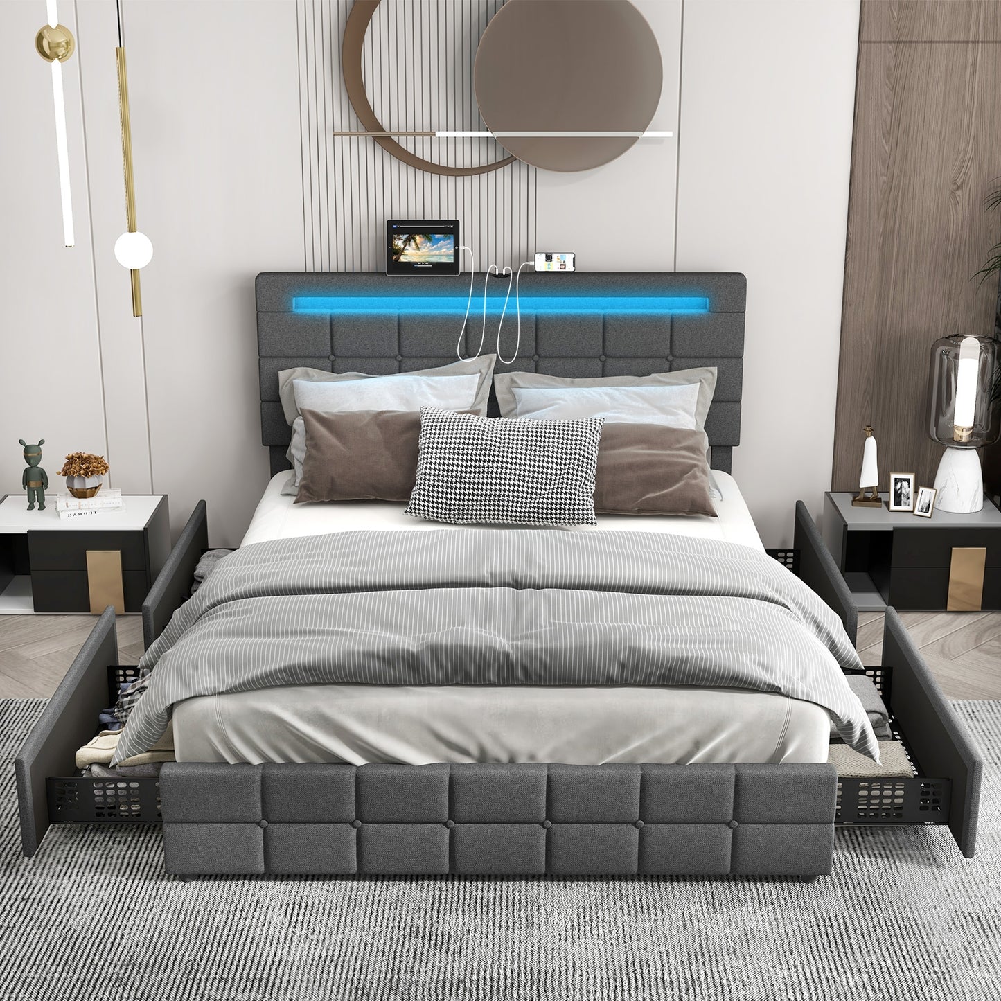 Modern Luxury Upholstered LED Bed Frame with Adjustable Headboard and 4 Storage Drawers - Full Size