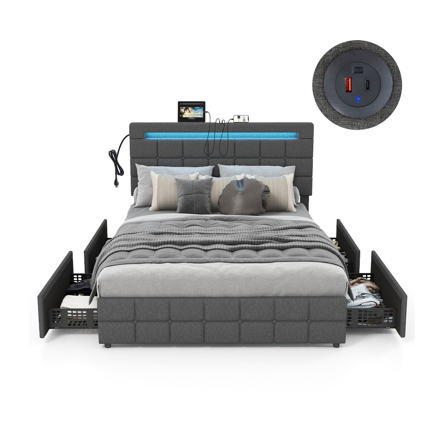 Modern Luxury Upholstered LED Bed Frame with Adjustable Headboard and 4 Storage Drawers - Full Size