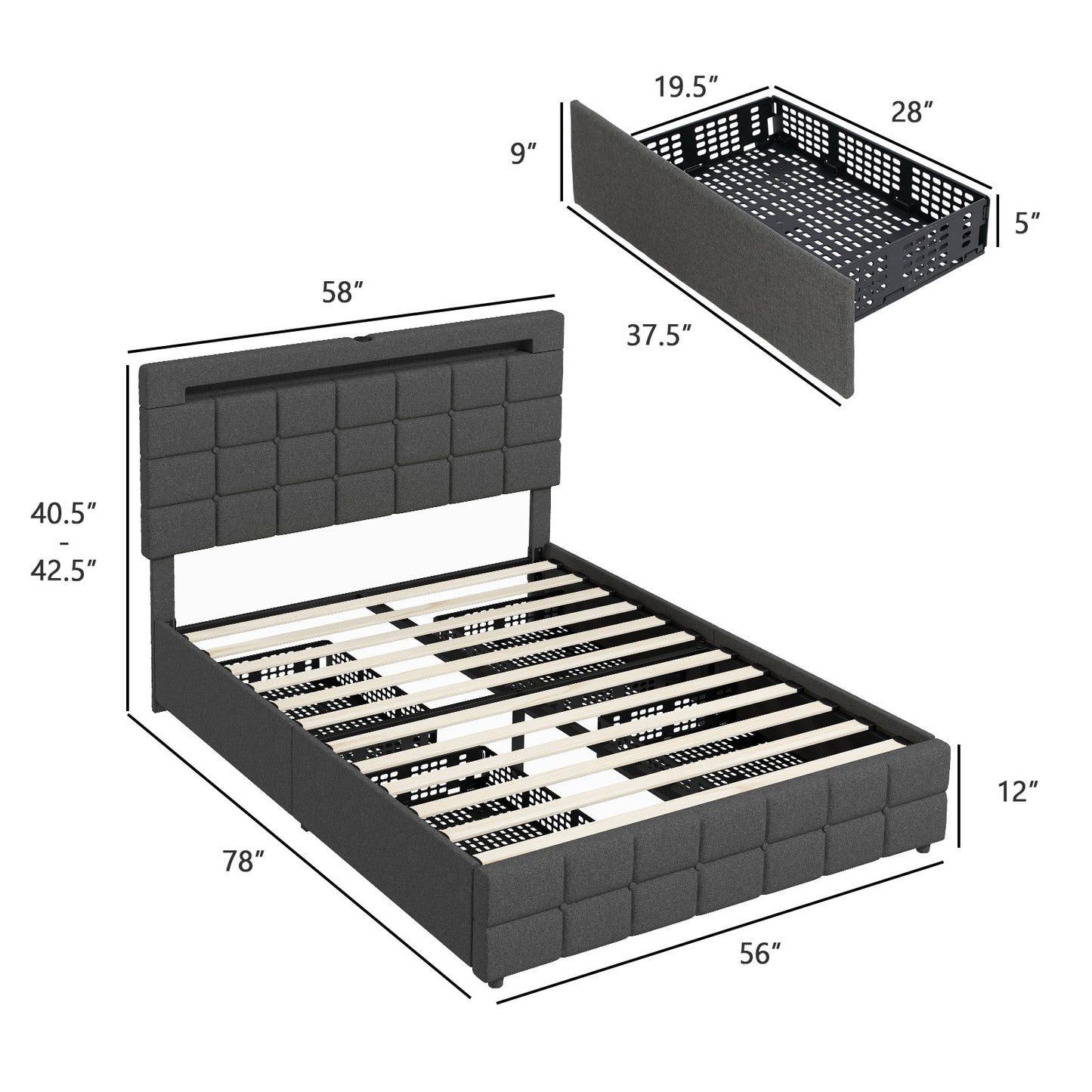 Modern Luxury Upholstered LED Bed Frame with Adjustable Headboard and 4 Storage Drawers - Full Size