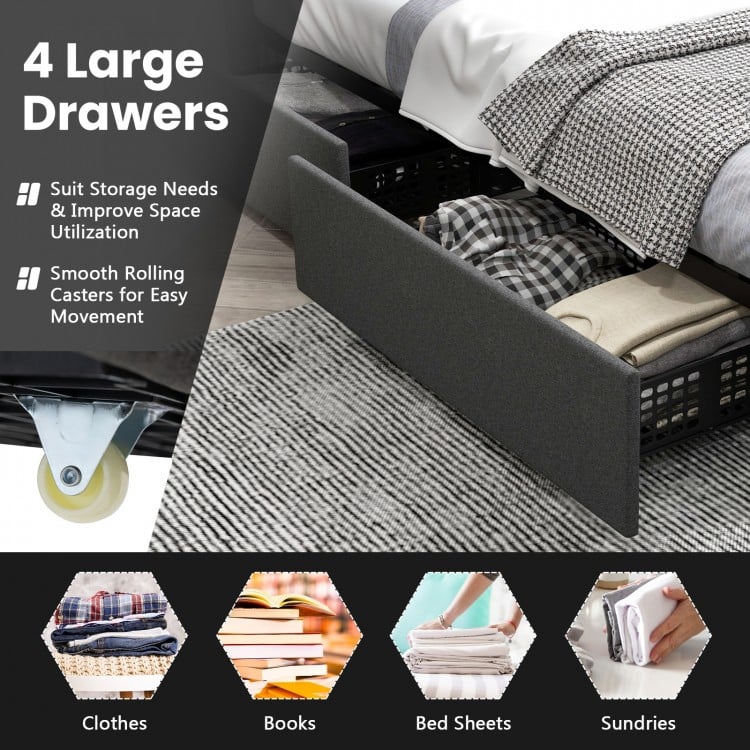 Modern Luxury Upholstered LED Bed Frame with Adjustable Headboard and 4 Storage Drawers - Full Size