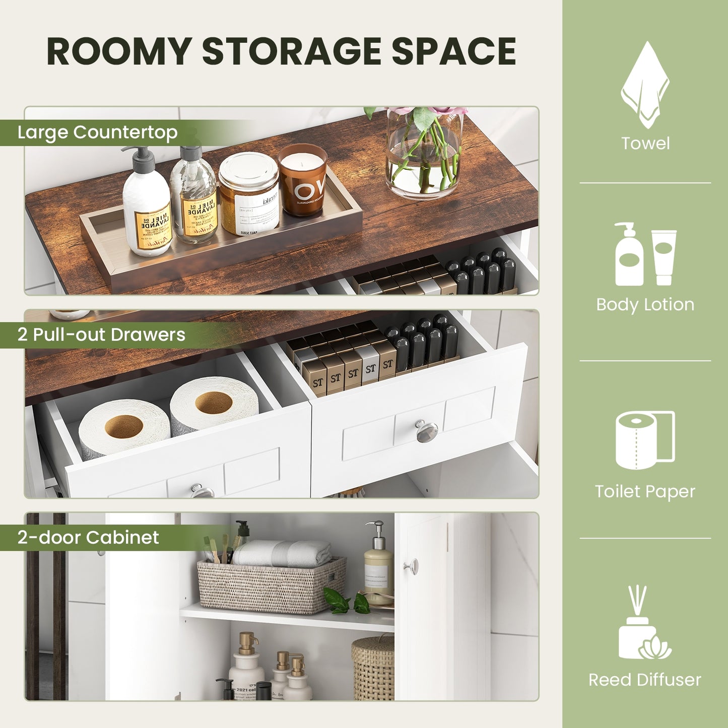 White Freestanding Bathroom Cabinet with 2 Drawers & Adjustable Shelf