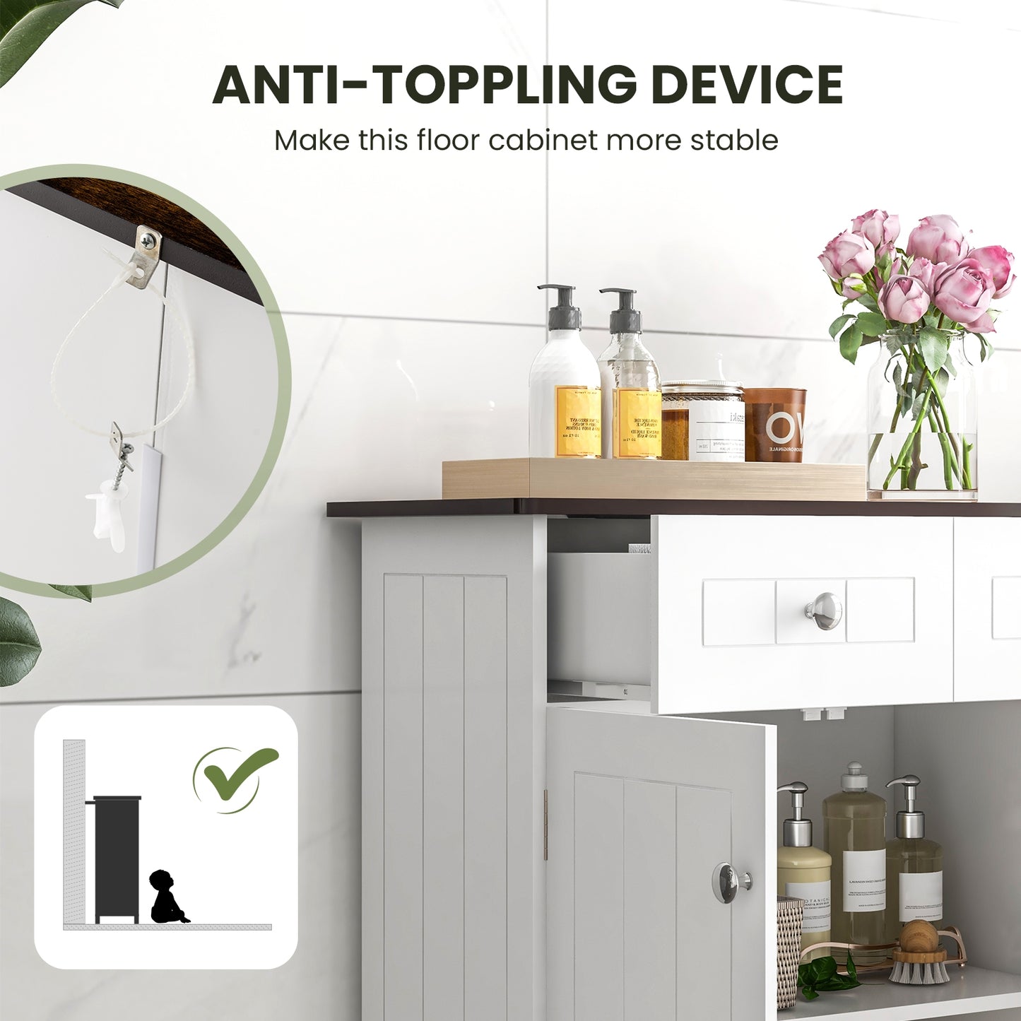 White Freestanding Bathroom Cabinet with 2 Drawers & Adjustable Shelf