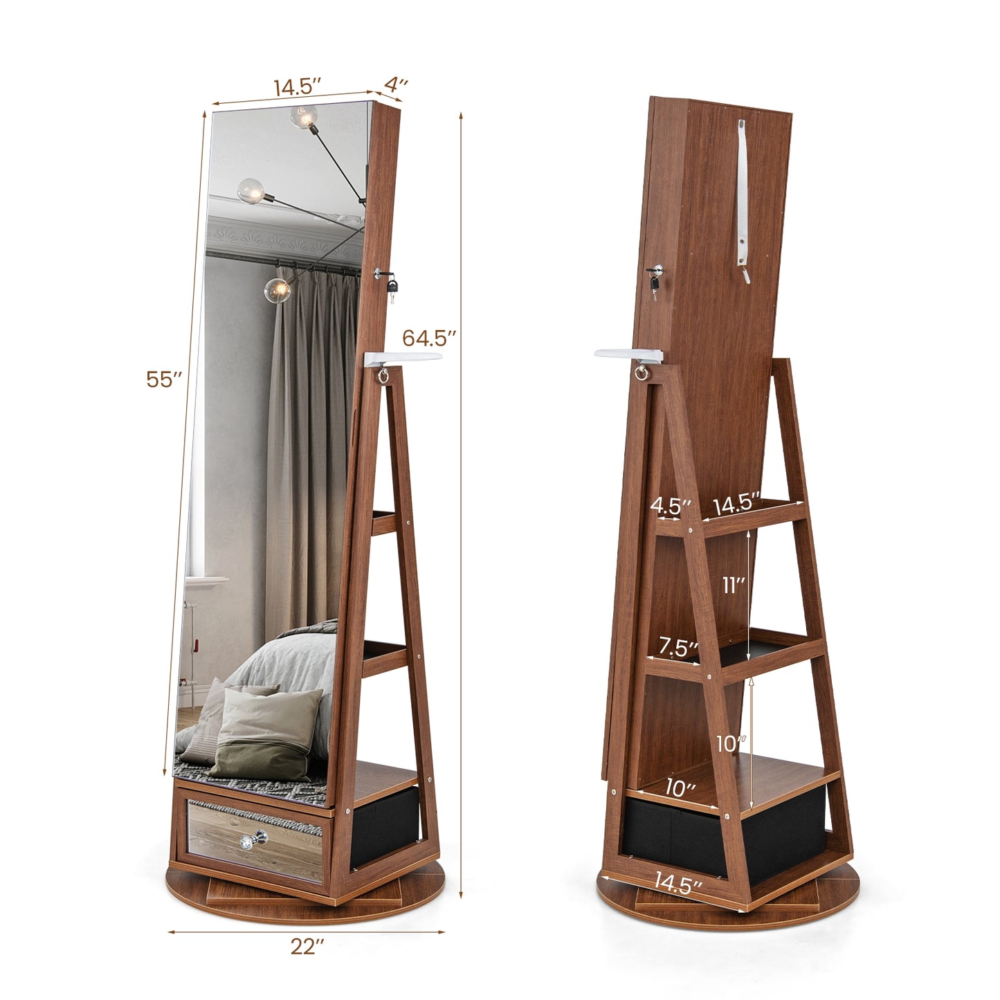 360° Swivel Lockable Jewelry Armoire with LED Lights and Full-Length Mirror – Walnut