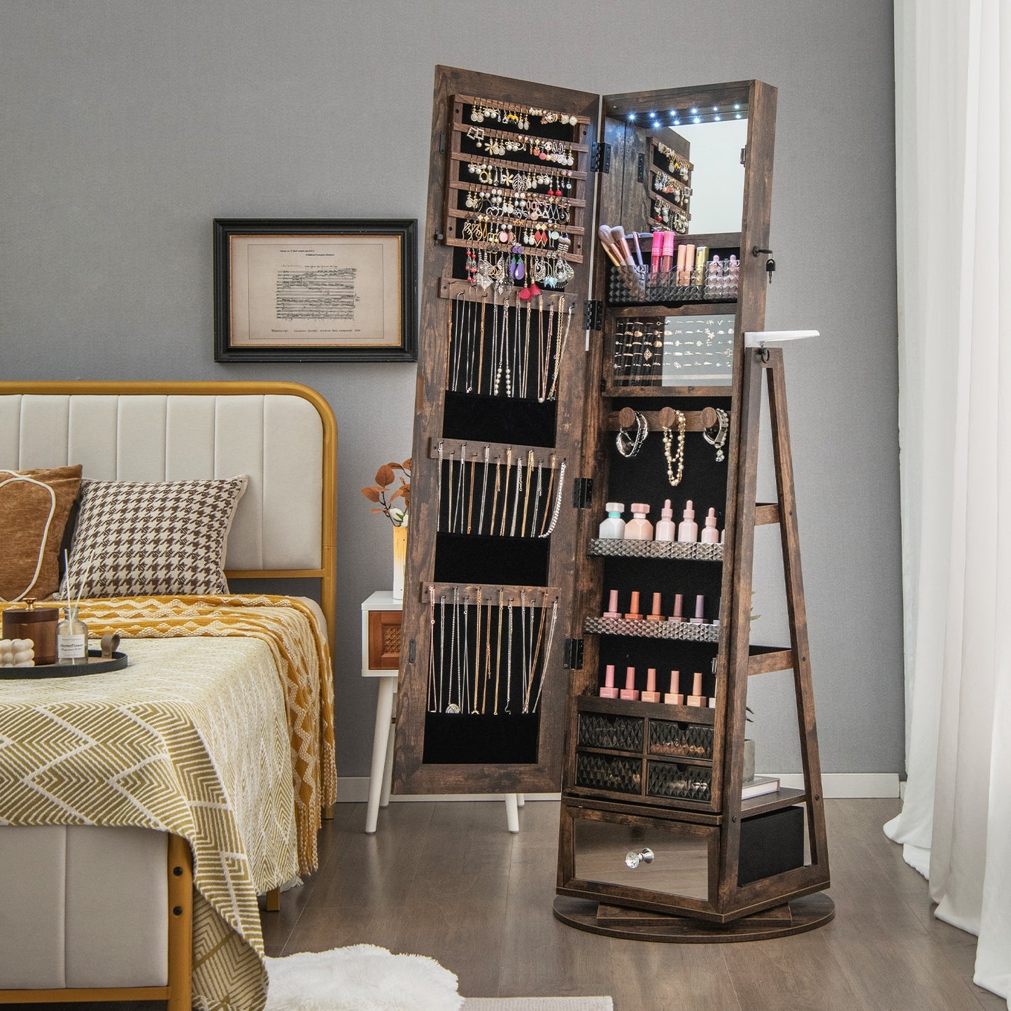 360° Swivel Lockable Jewelry Armoire with LED Lights and Full-Length Mirror – Rustic Brown