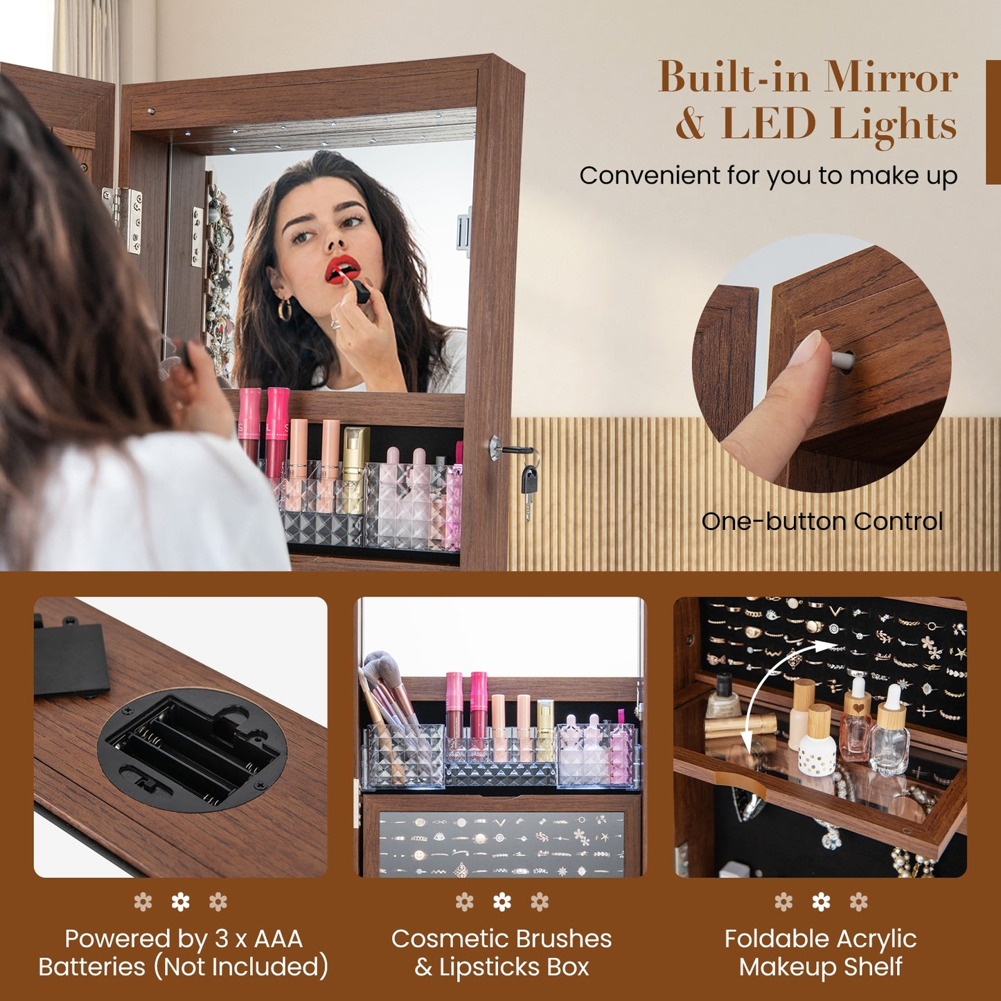 360° Swivel Lockable Jewelry Armoire with LED Lights and Full-Length Mirror – Walnut