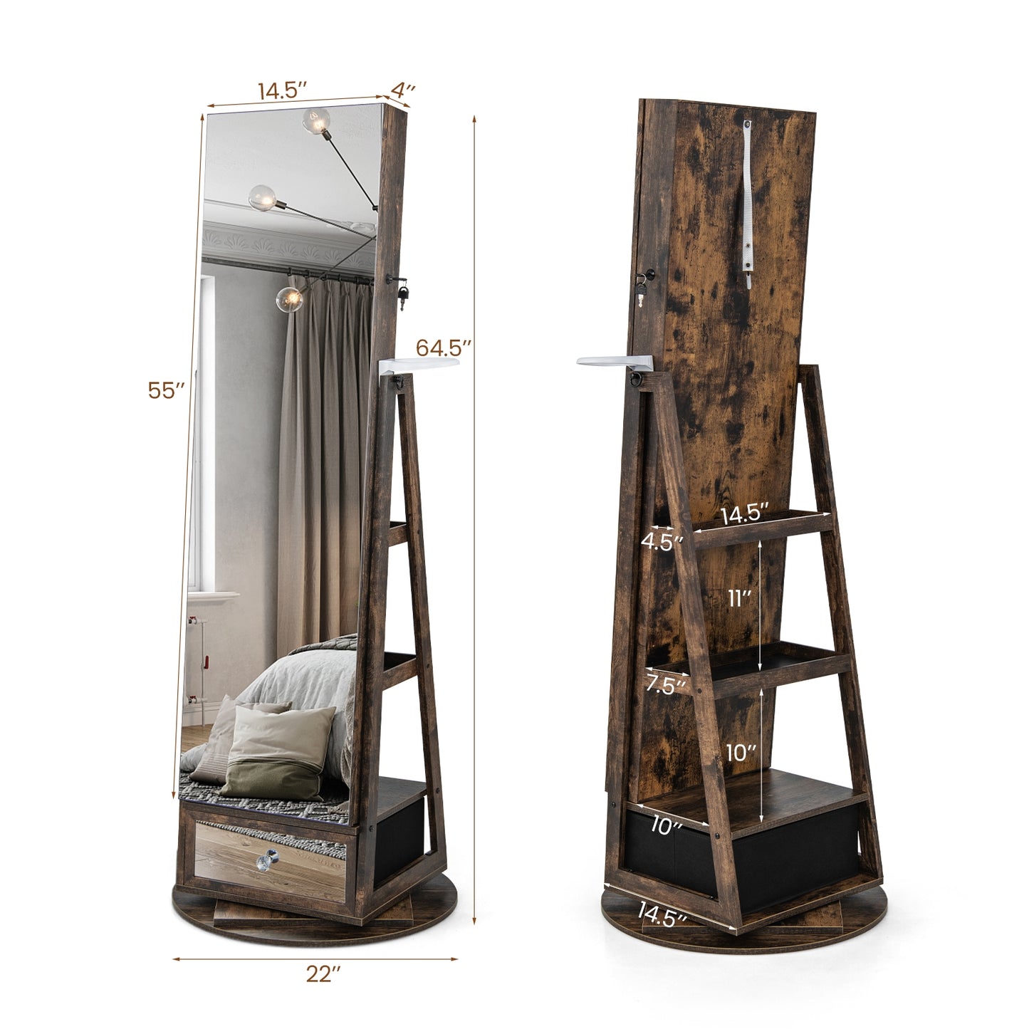 360° Swivel Lockable Jewelry Armoire with LED Lights and Full-Length Mirror – Rustic Brown
