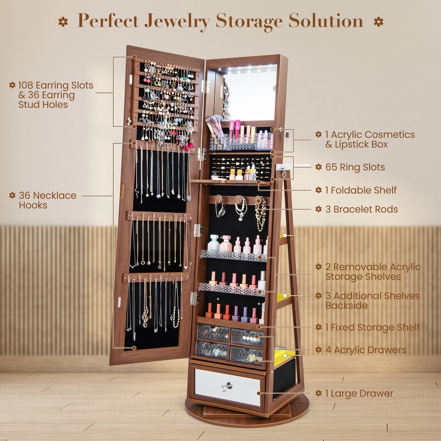 360° Swivel Lockable Jewelry Armoire with LED Lights and Full-Length Mirror – Walnut