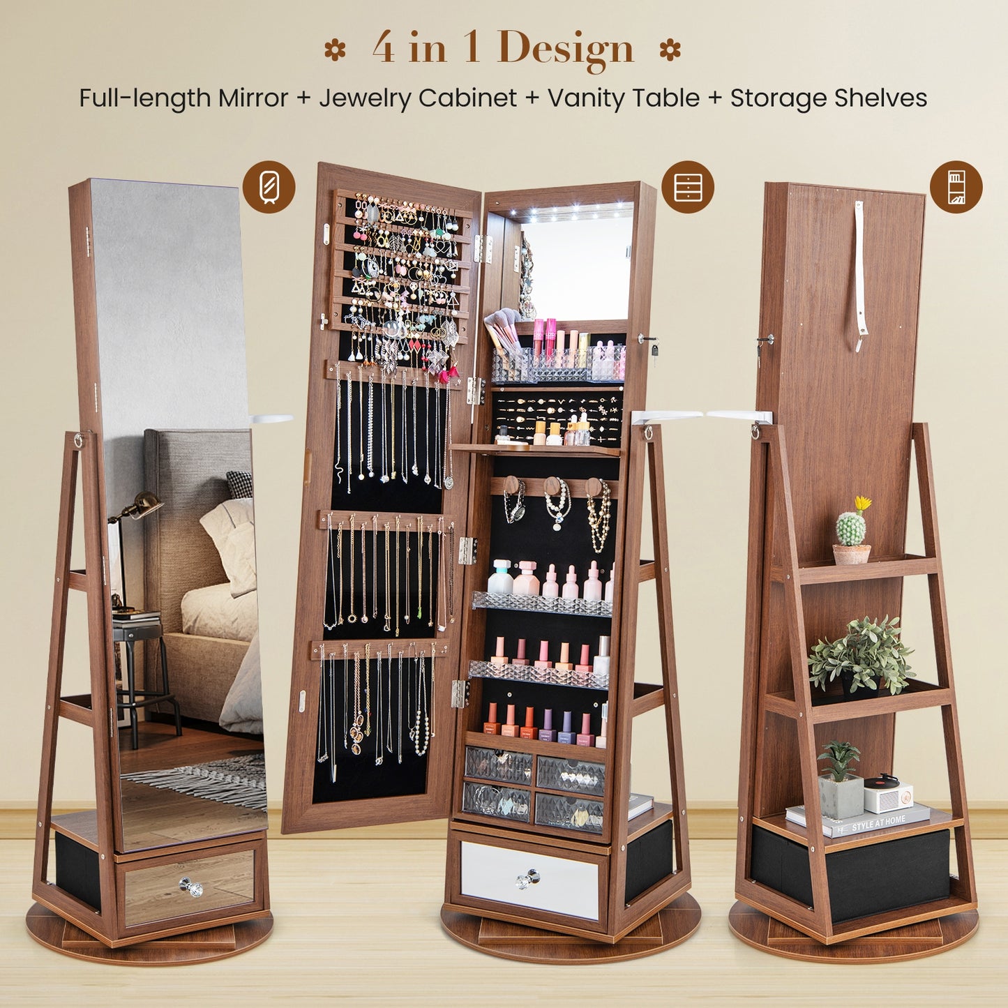 360° Swivel Lockable Jewelry Armoire with LED Lights and Full-Length Mirror – Walnut